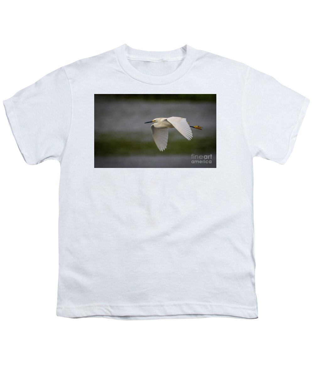 Egret Youth T-Shirt featuring the photograph Snowy Egret Fly-By by Tom Claud