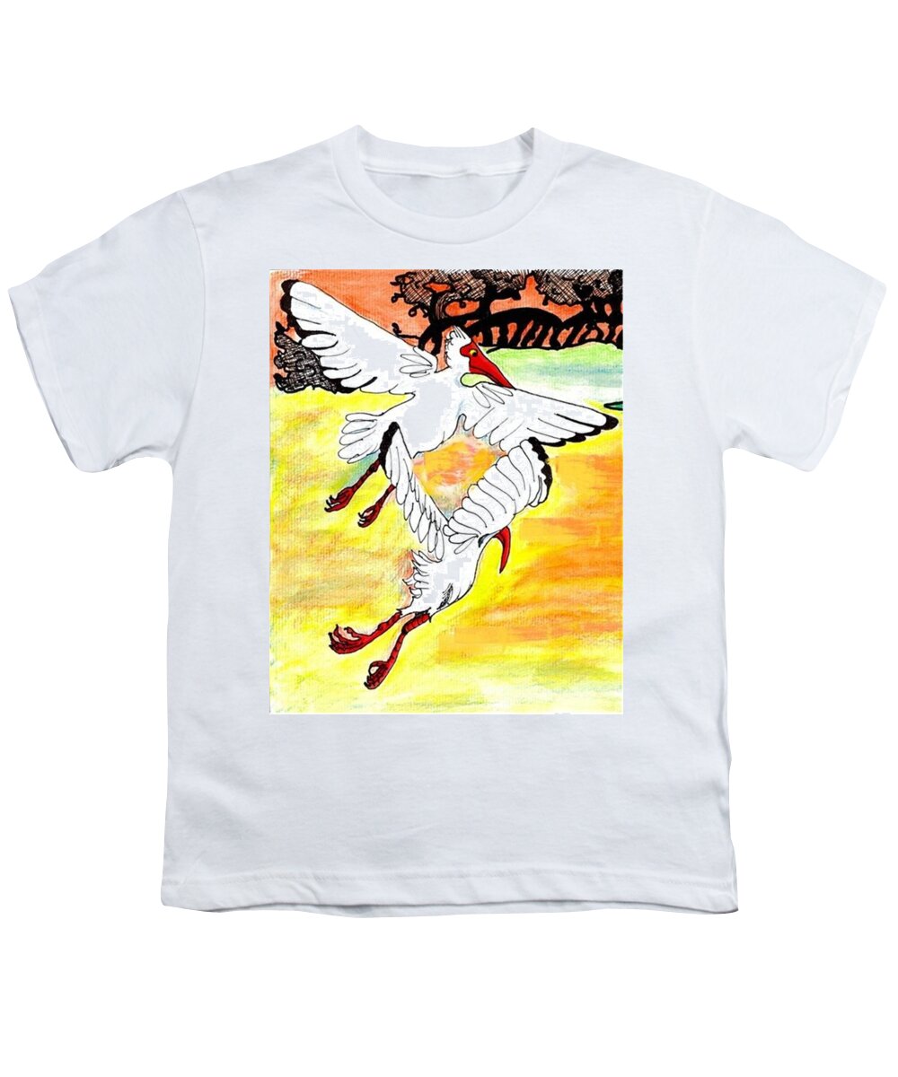 Ibis Youth T-Shirt featuring the drawing Sunset flight by Carol Allen Anfinsen