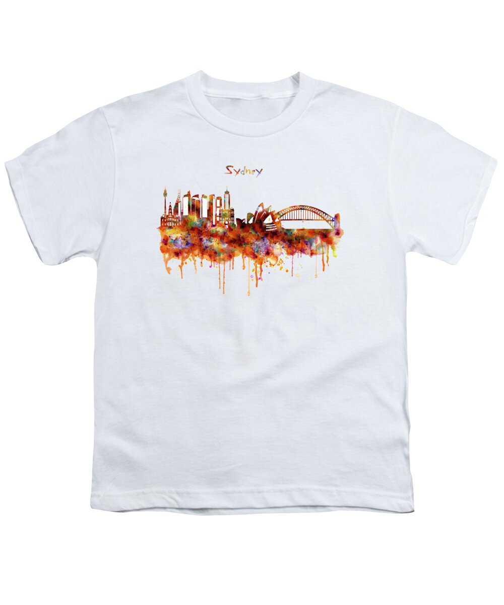 Sydney Youth T-Shirt featuring the painting Sydney watercolor skyline by Marian Voicu
