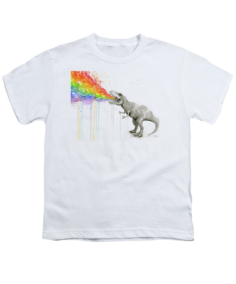 T-rex Youth T-Shirt featuring the painting T-Rex Tastes the Rainbow by Olga Shvartsur