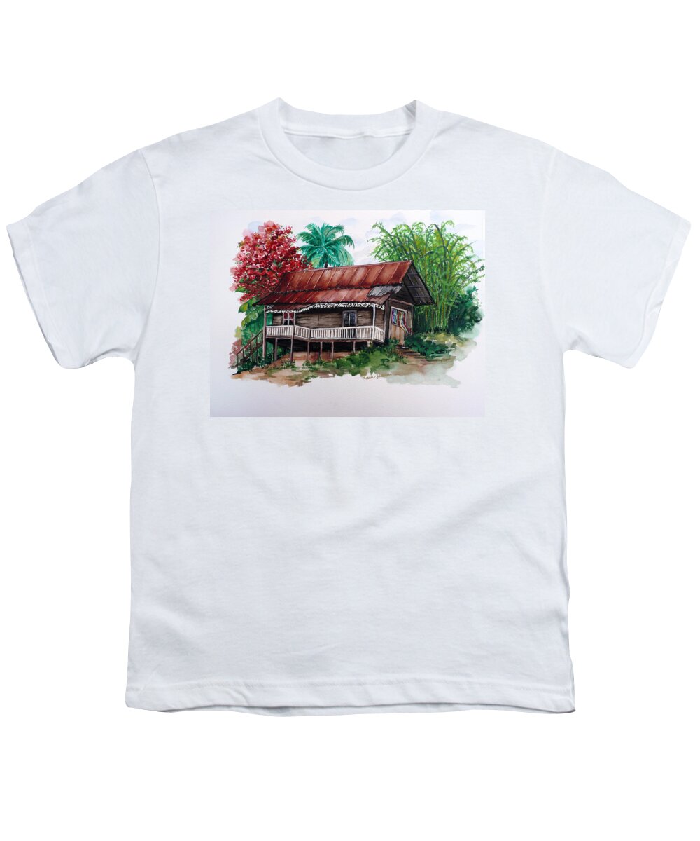  Tropical Painting Poincianna Painting Caribbean Painting Old House Painting Cocoa House Painting Trinidad And Tobago Painting  Tropical Painting Flamboyant Painting Poinciana Red Greeting Card Painting Youth T-Shirt featuring the painting The Old Cocoa House by Karin Dawn Kelshall- Best