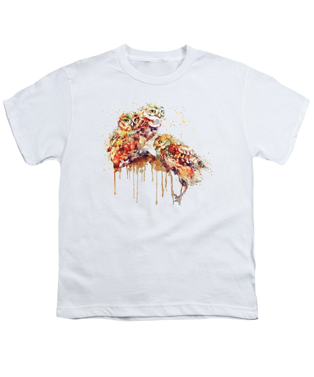 Marian Voicu Youth T-Shirt featuring the painting Three Cute Owls watercolor by Marian Voicu