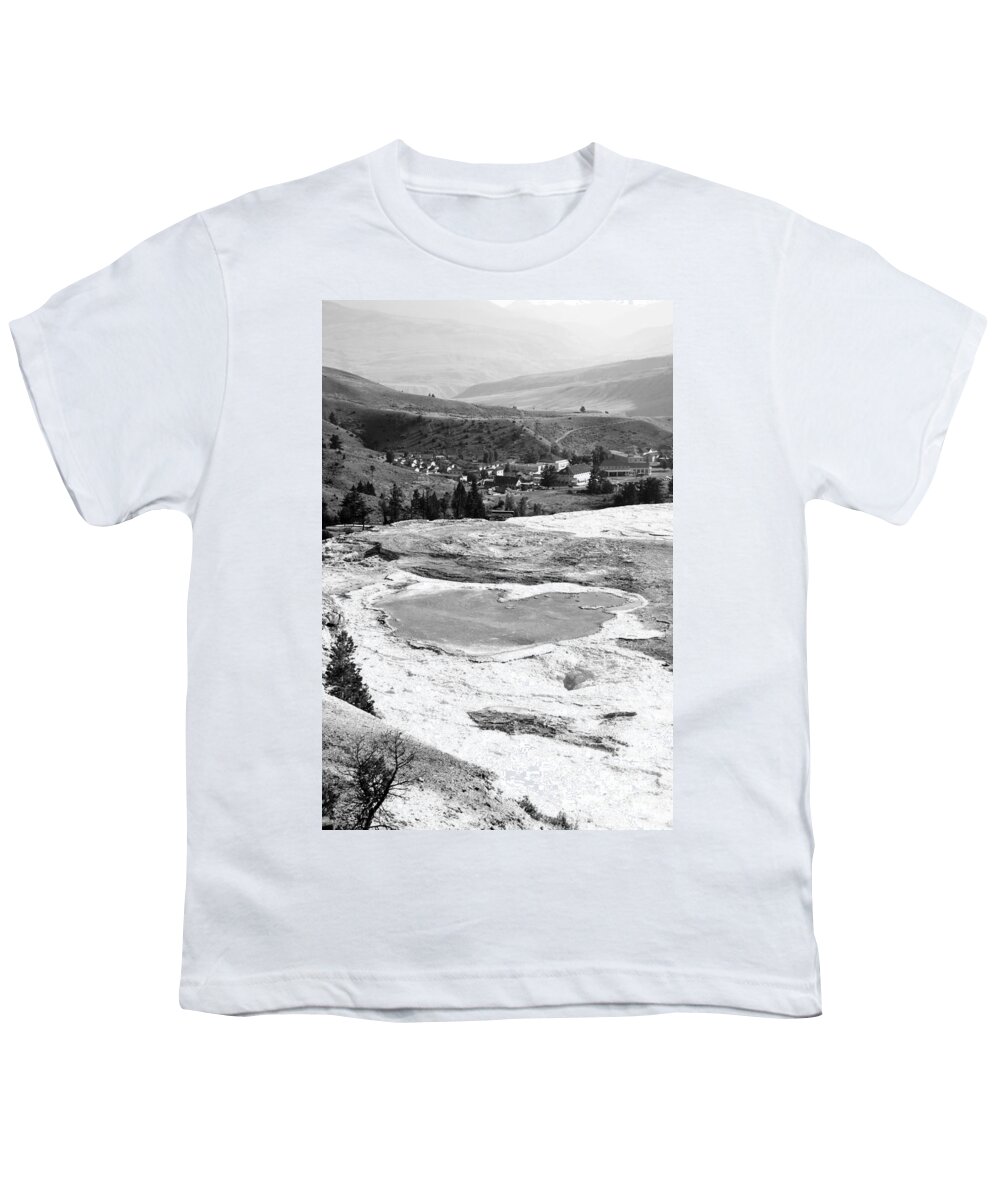 Yellowstone Youth T-Shirt featuring the photograph Travertine Terrace View of Mammoth Hot Springs Village in Yellowstone National Park Black and White by Shawn O'Brien