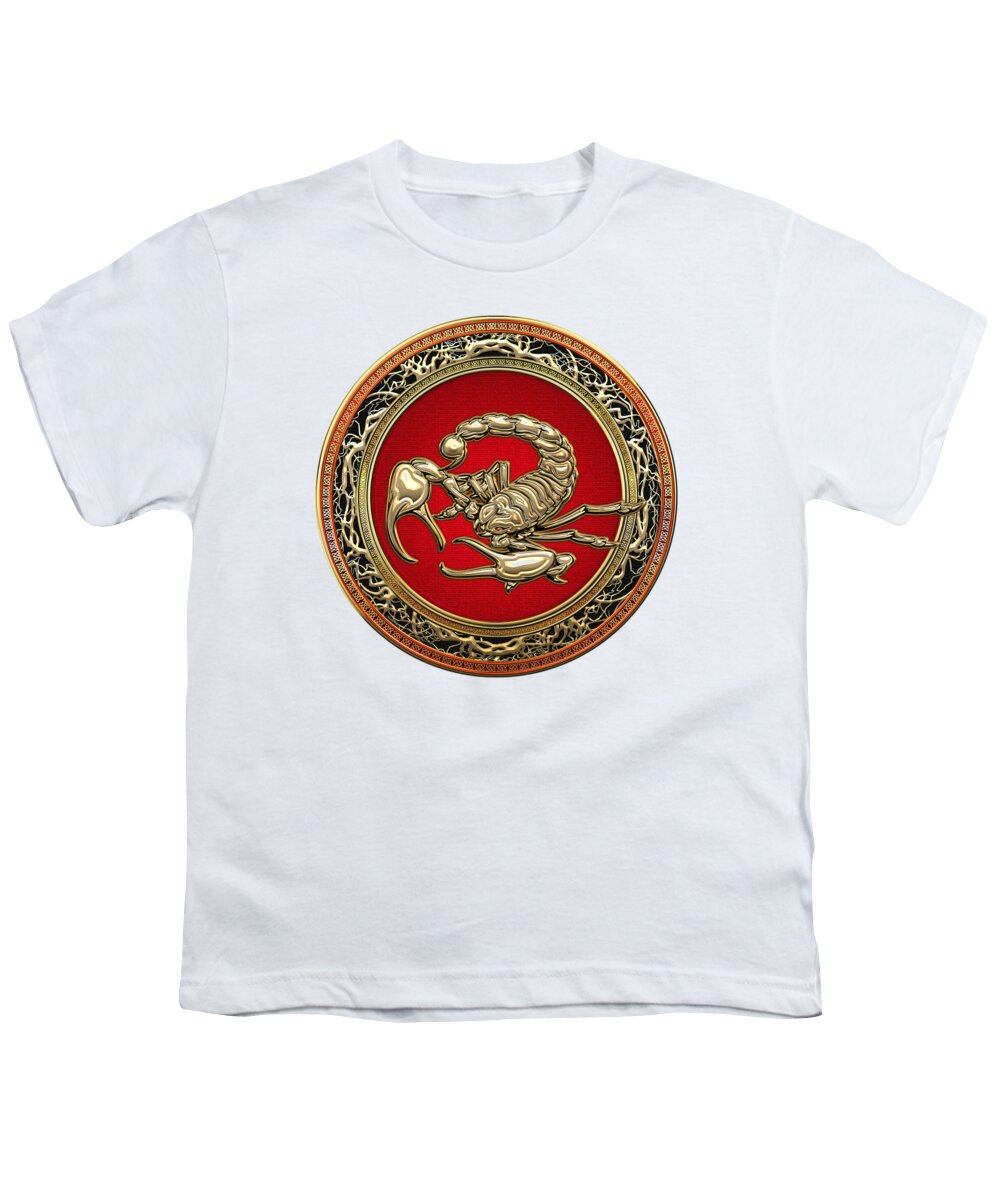 'treasure Trove' By Serge Averbukh Youth T-Shirt featuring the digital art Treasure Trove - Sacred Golden Scorpion on White Lather by Serge Averbukh