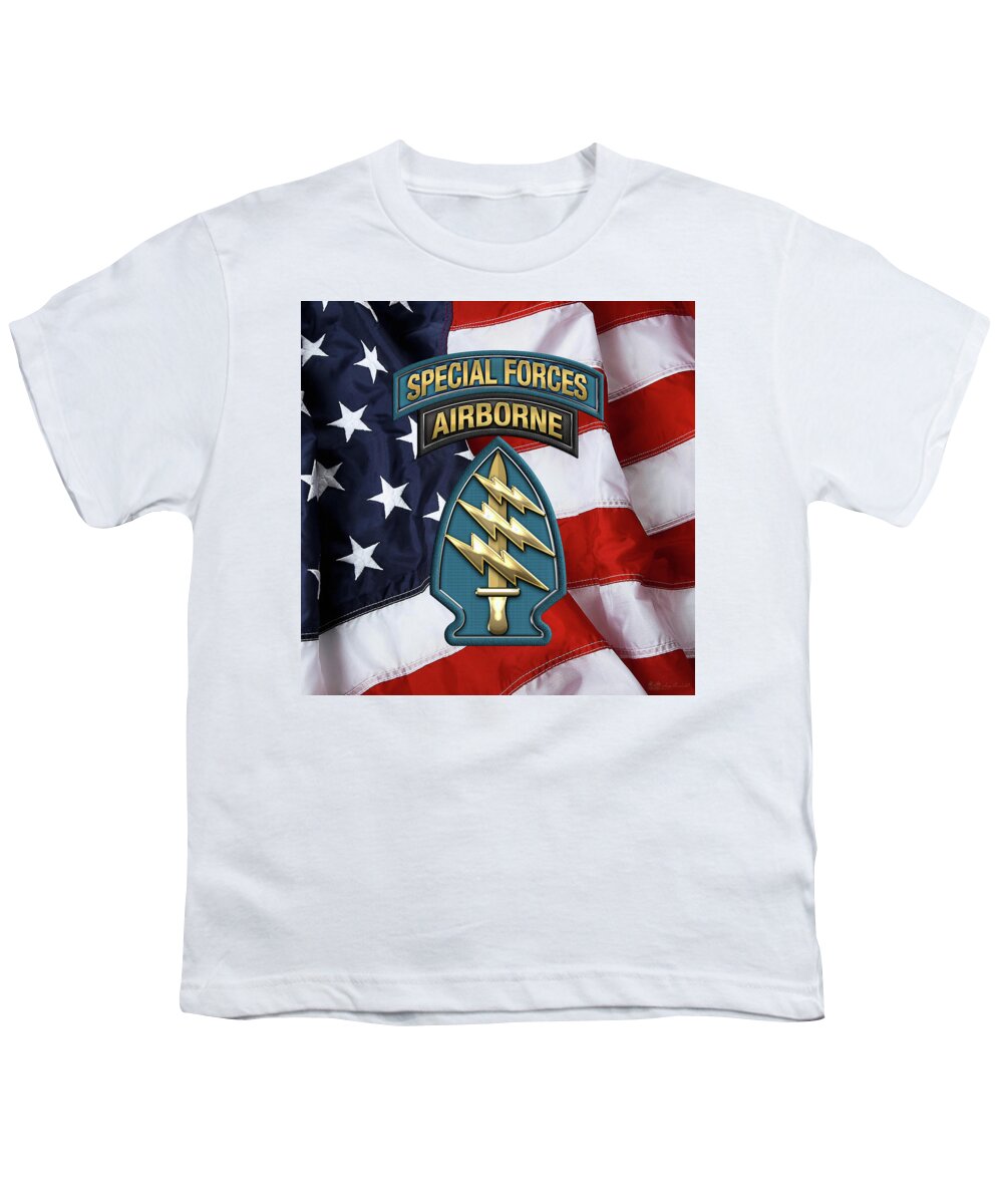 'military Insignia & Heraldry' Collection By Serge Averbukh Youth T-Shirt featuring the digital art U. S. Army Special Forces - Green Berets S S I over American Flag by Serge Averbukh