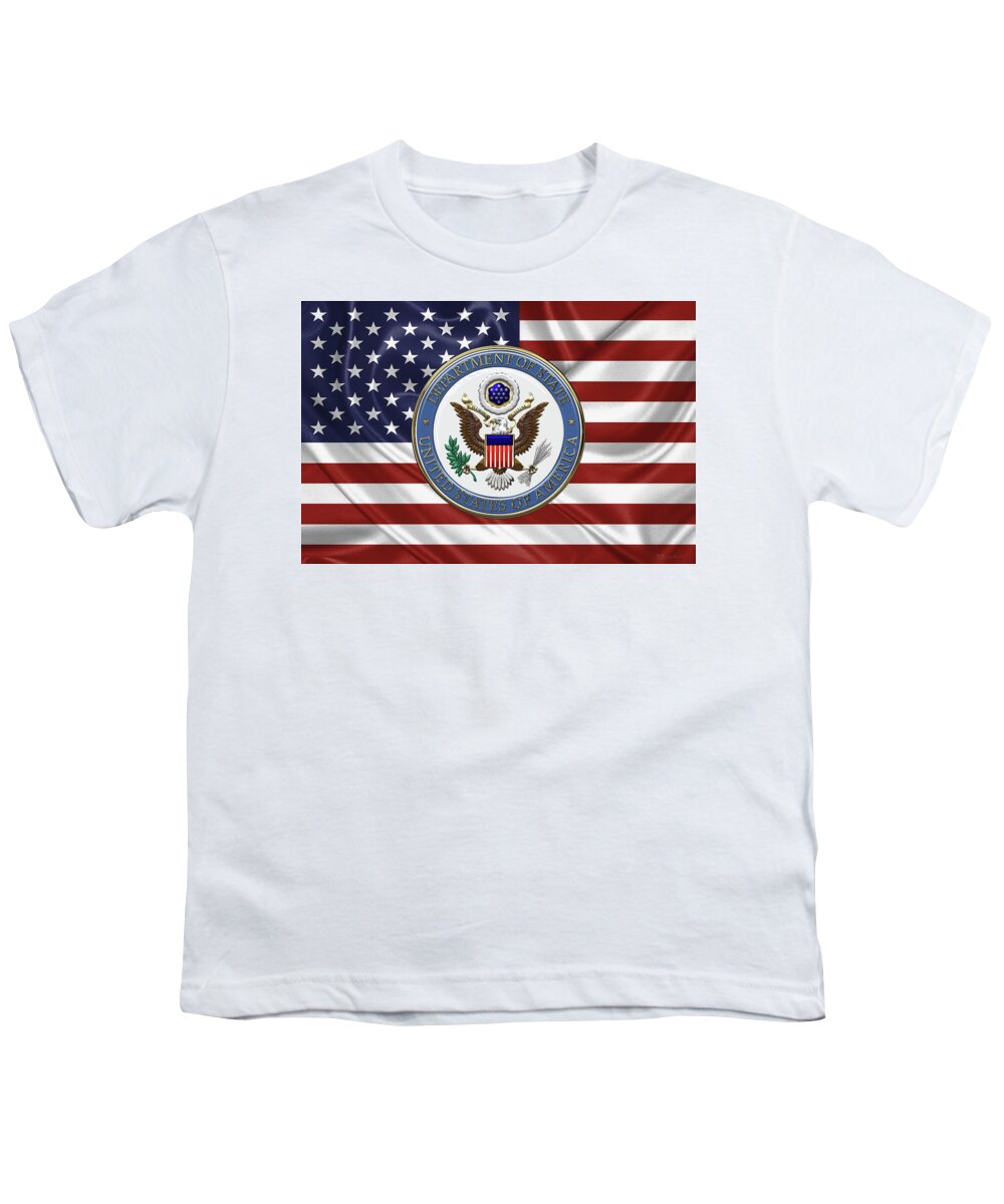 insignia 3d By Serge Averbukh Youth T-Shirt featuring the digital art U. S. Department of State - Emblem over American Flag by Serge Averbukh