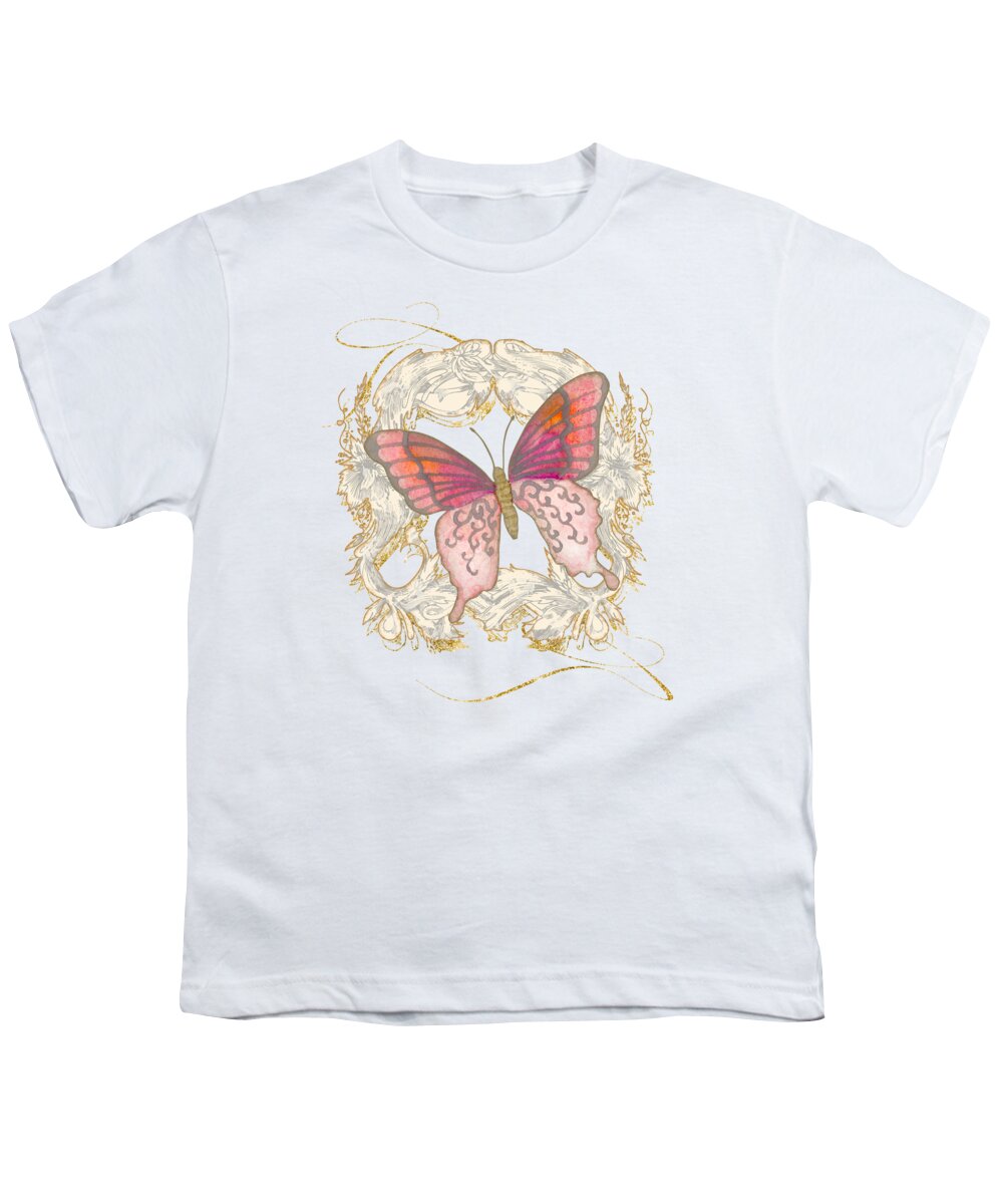 Vintage Youth T-Shirt featuring the painting Watercolor Butterfly with Vintage Swirl Scroll Flourishes by Audrey Jeanne Roberts