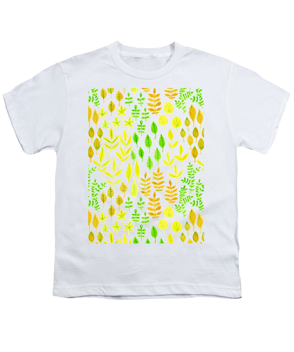 Art Youth T-Shirt featuring the mixed media Watercolor doodle leaves pattern white by Katerina Kirilova