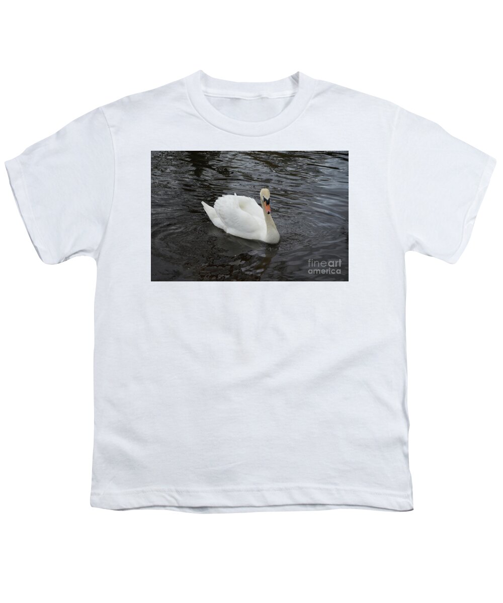 Swan Youth T-Shirt featuring the photograph White Trumpet Swan Swimming in a Pond on a Spring Day by DejaVu Designs