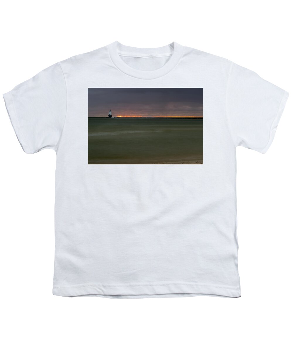 Ludington Mi Youth T-Shirt featuring the photograph Wide View of Lighthouse and Sunset by Lester Plank