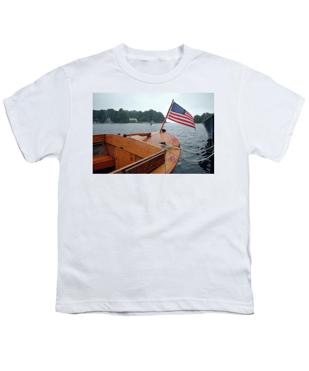 Classic Boat Youth T-Shirt featuring the photograph Wooden Boat and Pentwater Channel by Michelle Calkins