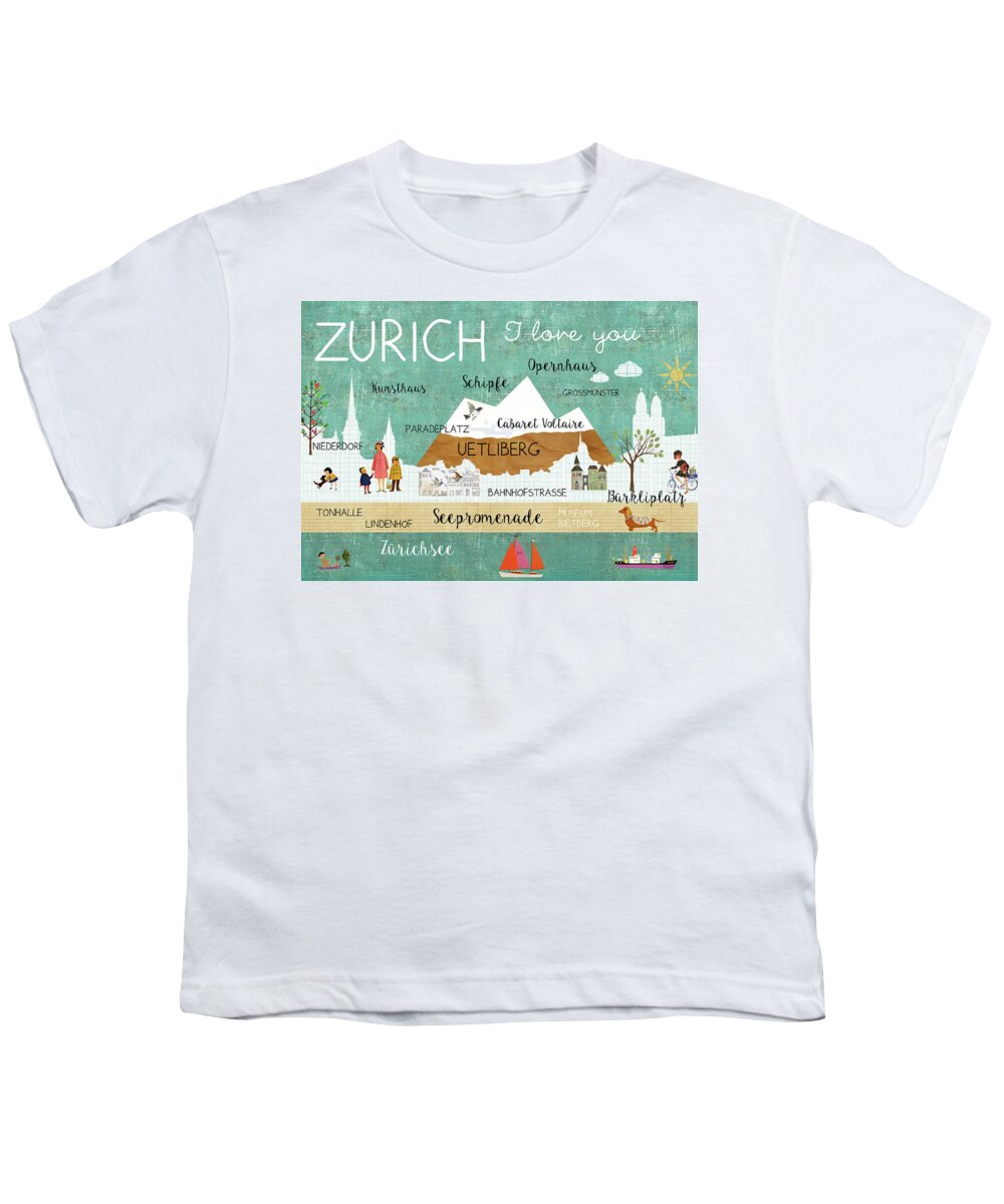 Zurich I Love You Youth T-Shirt featuring the mixed media Zurich I love you by Claudia Schoen