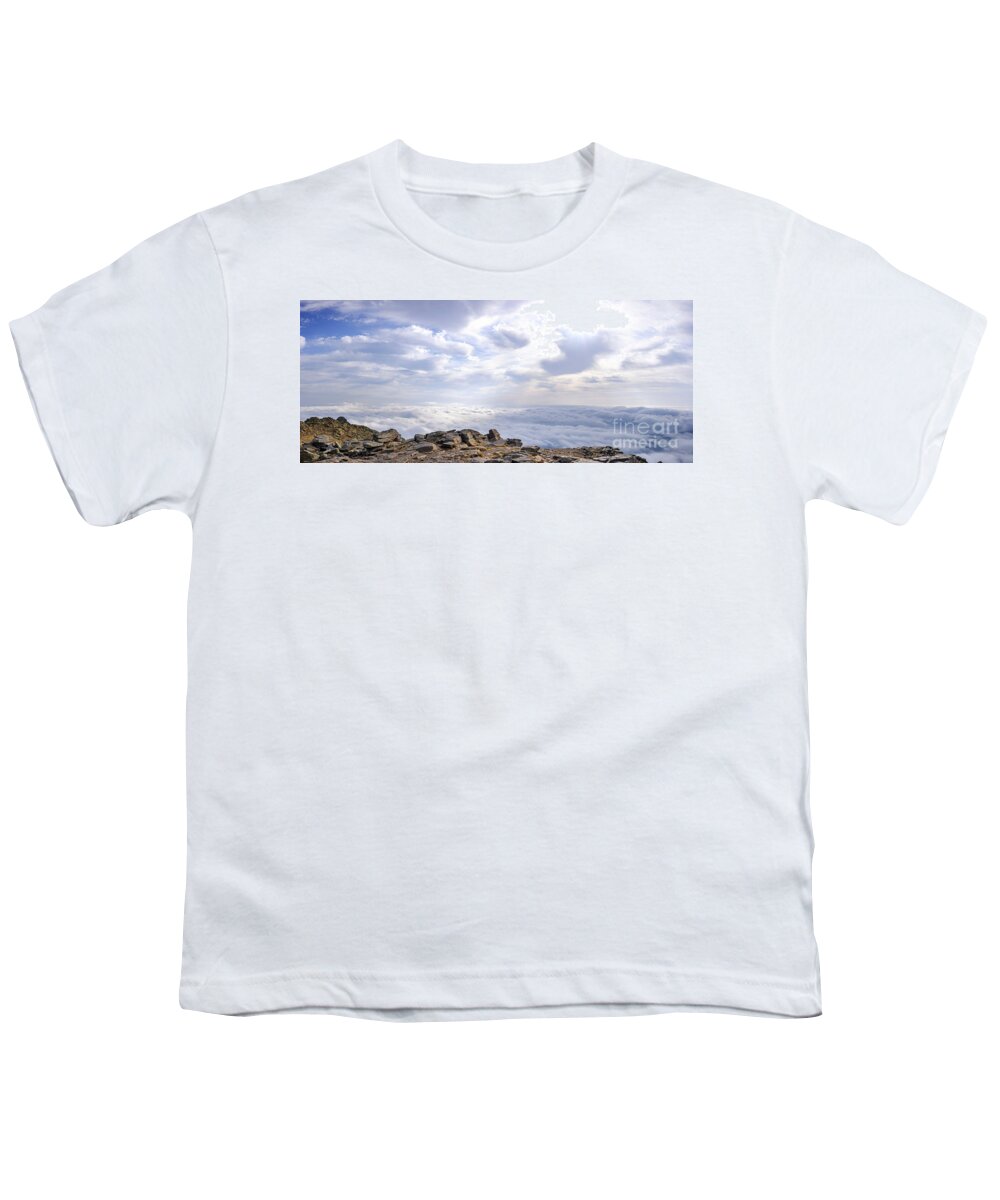 Alpine Youth T-Shirt featuring the photograph A day above the clouds at the top of the Pearala mountain in Madrid, a mountaineering and adventure excursion. #2 by Joaquin Corbalan