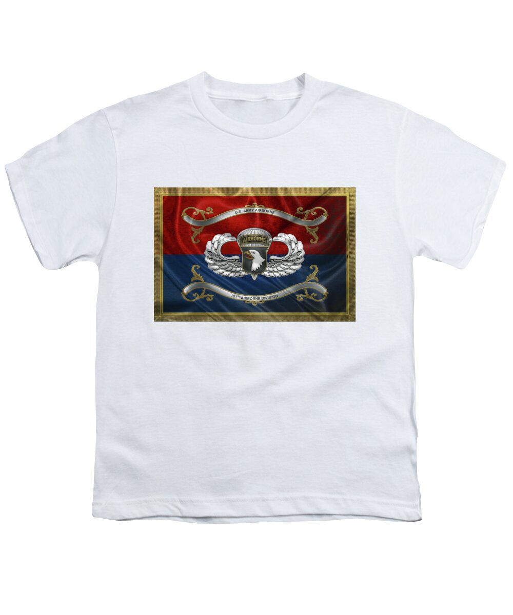 Military Insignia & Heraldry By Serge Averbukh Youth T-Shirt featuring the digital art 101st Airborne Division - 101st A B N Insignia with Parachutist Badge over Flag by Serge Averbukh