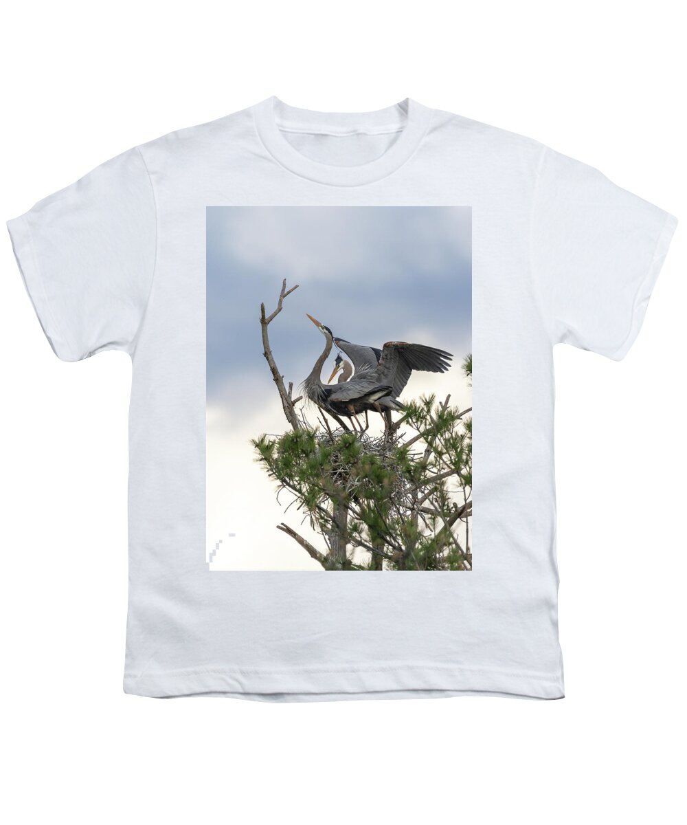 Great Blue Herons Youth T-Shirt featuring the photograph A Bonded Pair Of Great Blue Herons 2019-1 by Thomas Young