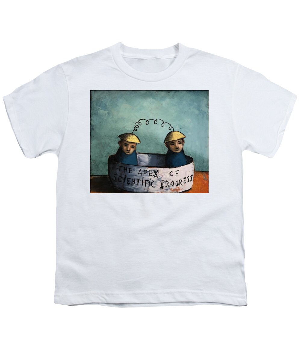 Humor Youth T-Shirt featuring the painting Apes Apex of Scientific Progress by Pauline Lim