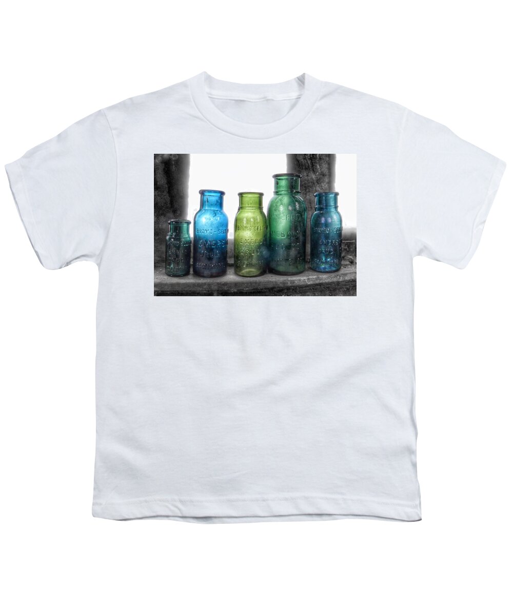 Bromo Seltzer Vintage Glass Bottles Youth T-Shirt featuring the photograph Bromo Seltzer Vintage Glass Bottles Collection - Rare Green And Blue #8 by Marianna Mills
