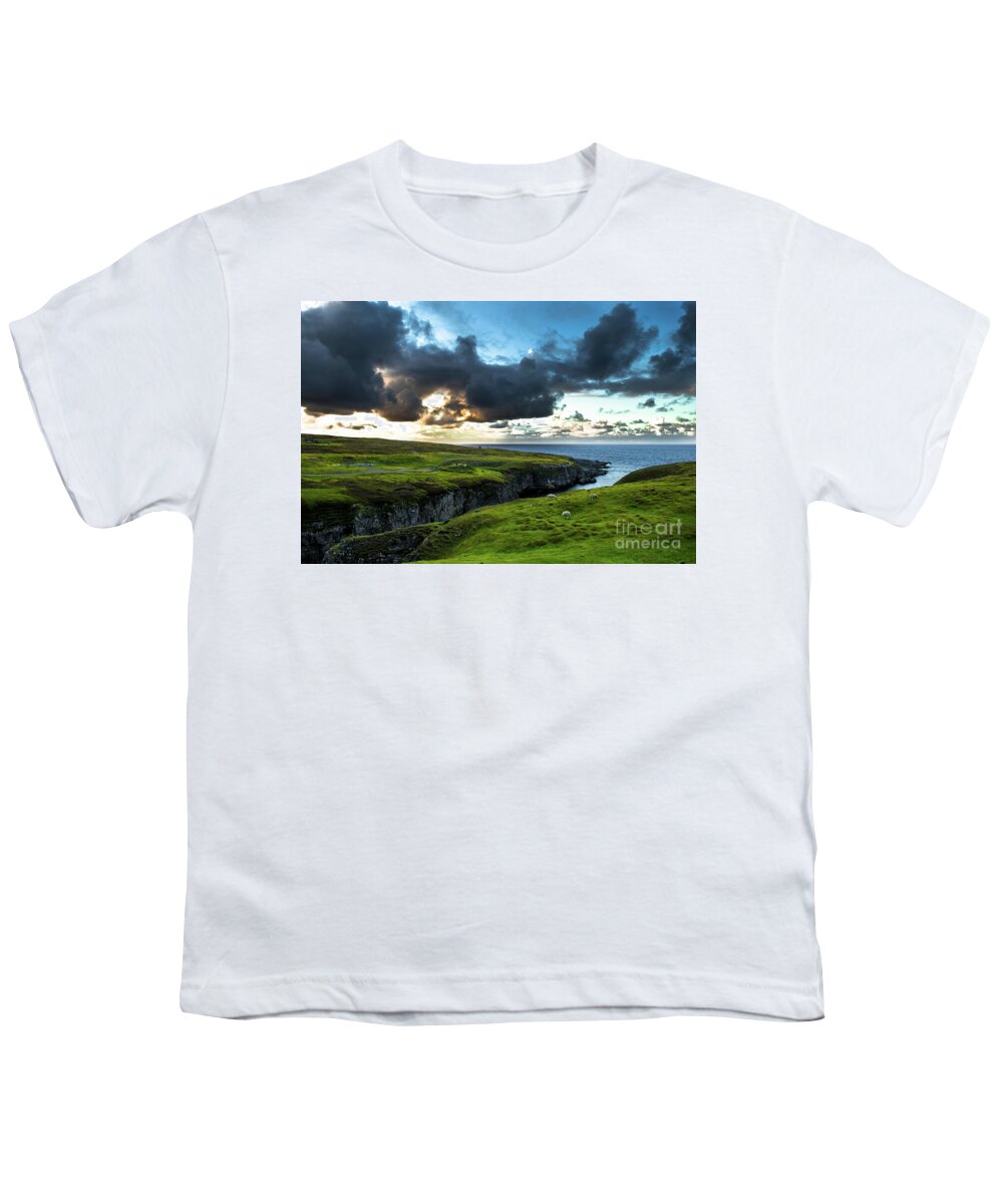 Scotland Youth T-Shirt featuring the photograph Canyon To Smoo Cave With Flock Of Sheep At The Twilight Atlantic Coast Near Durness In Scotland by Andreas Berthold