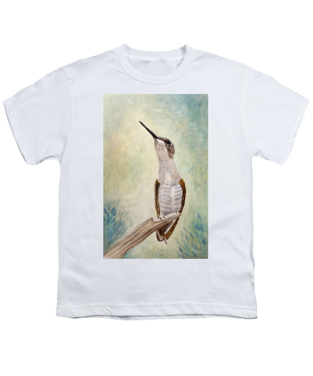 Hummingbird Youth T-Shirt featuring the painting Enchanting Wand - Ruby-throated Hummingbird by Angeles M Pomata