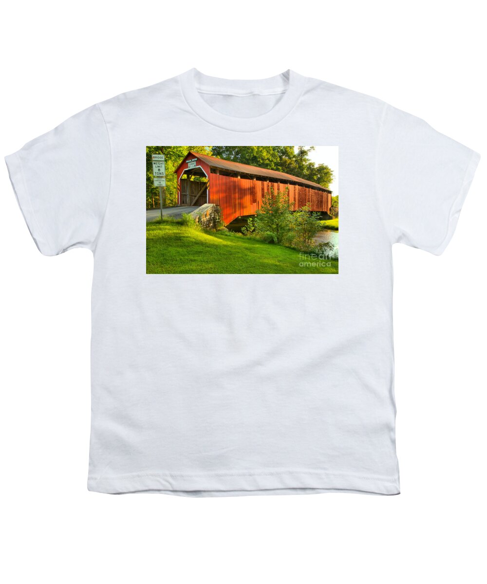 Enslow Youth T-Shirt featuring the photograph Enslow Covered Bridge Lush Landscape by Adam Jewell