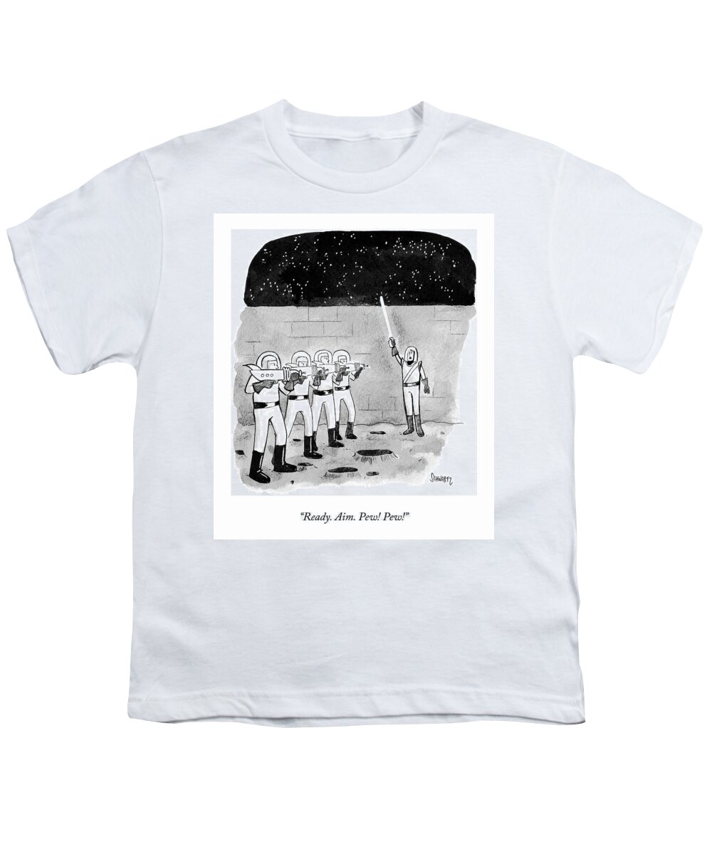 “ready. Aim. Pew! Pew!” Youth T-Shirt featuring the drawing Firing Space Squad by Benjamin Schwartz