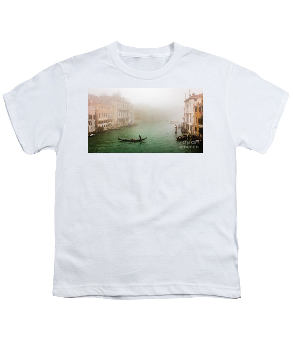 Gondola Youth T-Shirt featuring the photograph Foggy morning on the Grand Canale, Venezia, Italy by Lyl Dil Creations
