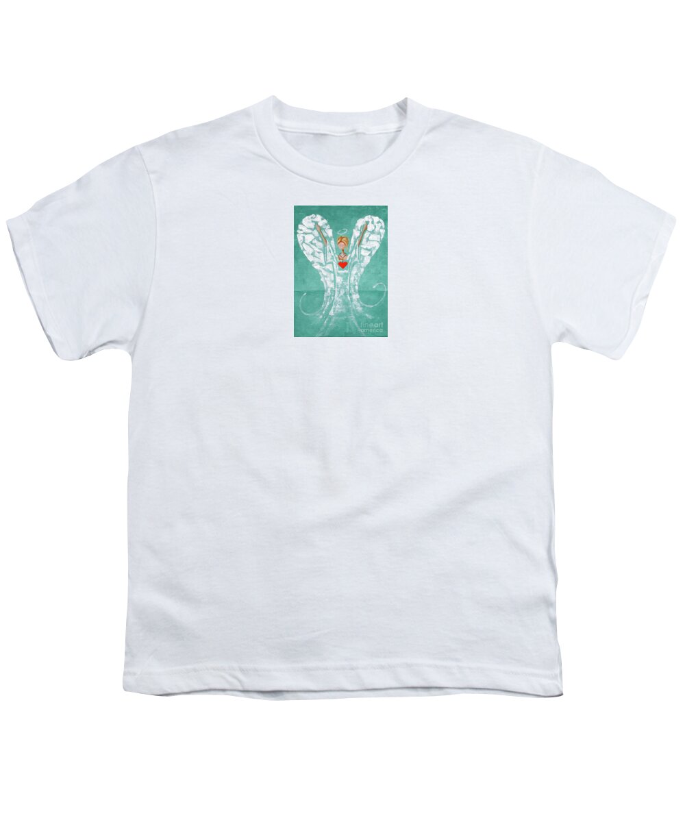 Angel Youth T-Shirt featuring the painting Heard on High Angel - teal heart by Annie Troe