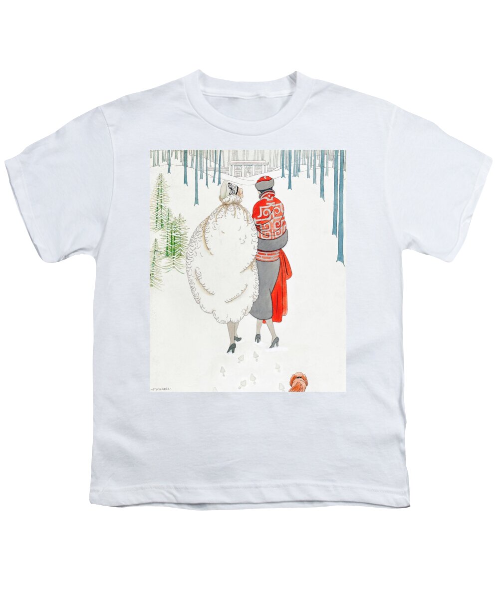 #new2022vogue Youth T-Shirt featuring the painting Illustration Of Women Walking Through Snowy Woods by Harriet Meserole