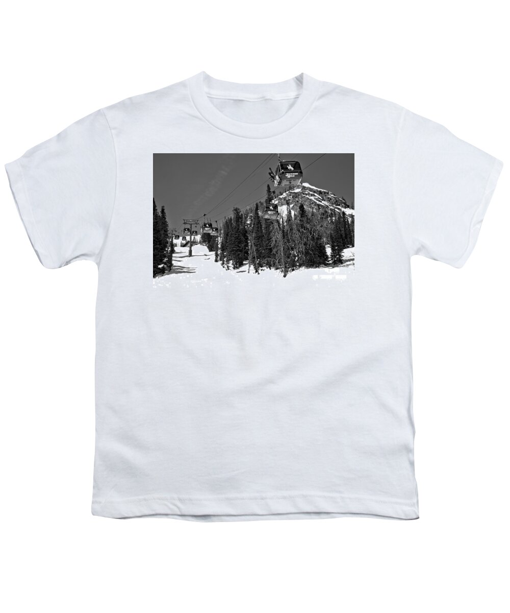 Jackson Hole Youth T-Shirt featuring the photograph Jackson Hole Bridger Gondola Black And White by Adam Jewell
