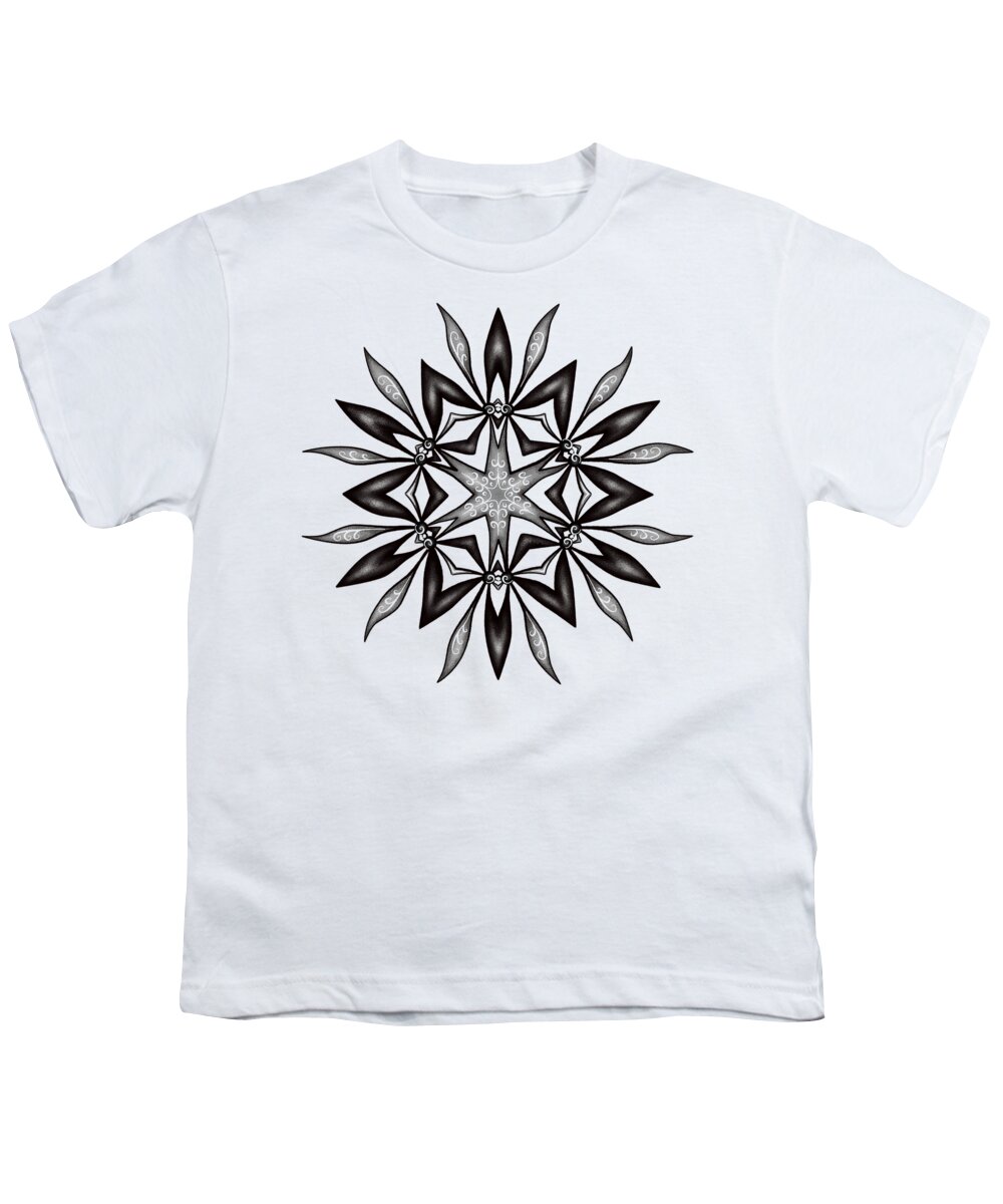 Kaleidoscope Youth T-Shirt featuring the digital art Kaleidoscopic Flower Art In Black And White by Boriana Giormova