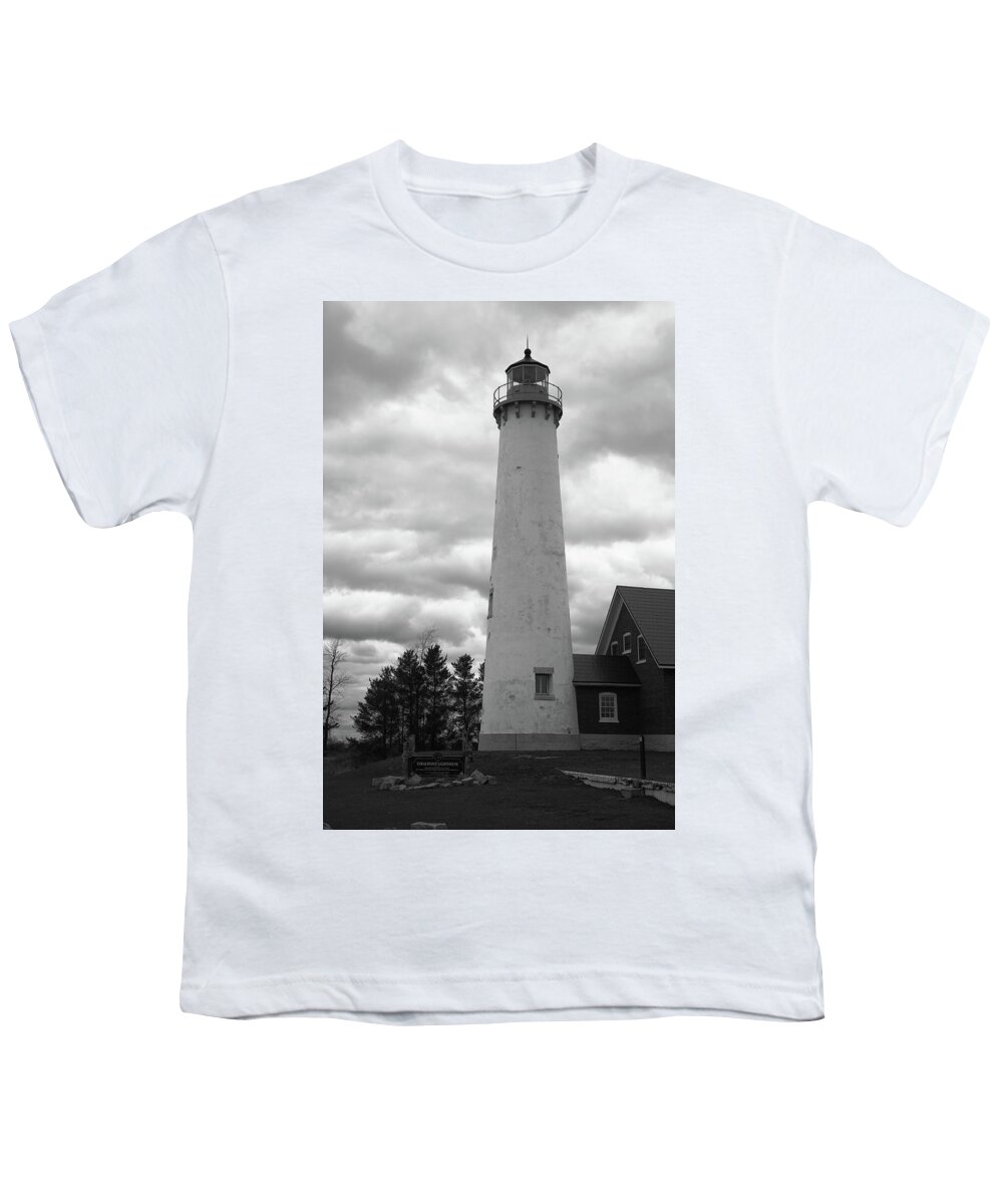America Youth T-Shirt featuring the photograph Lighthouse - Tawas Point Michigan 2 BW by Frank Romeo