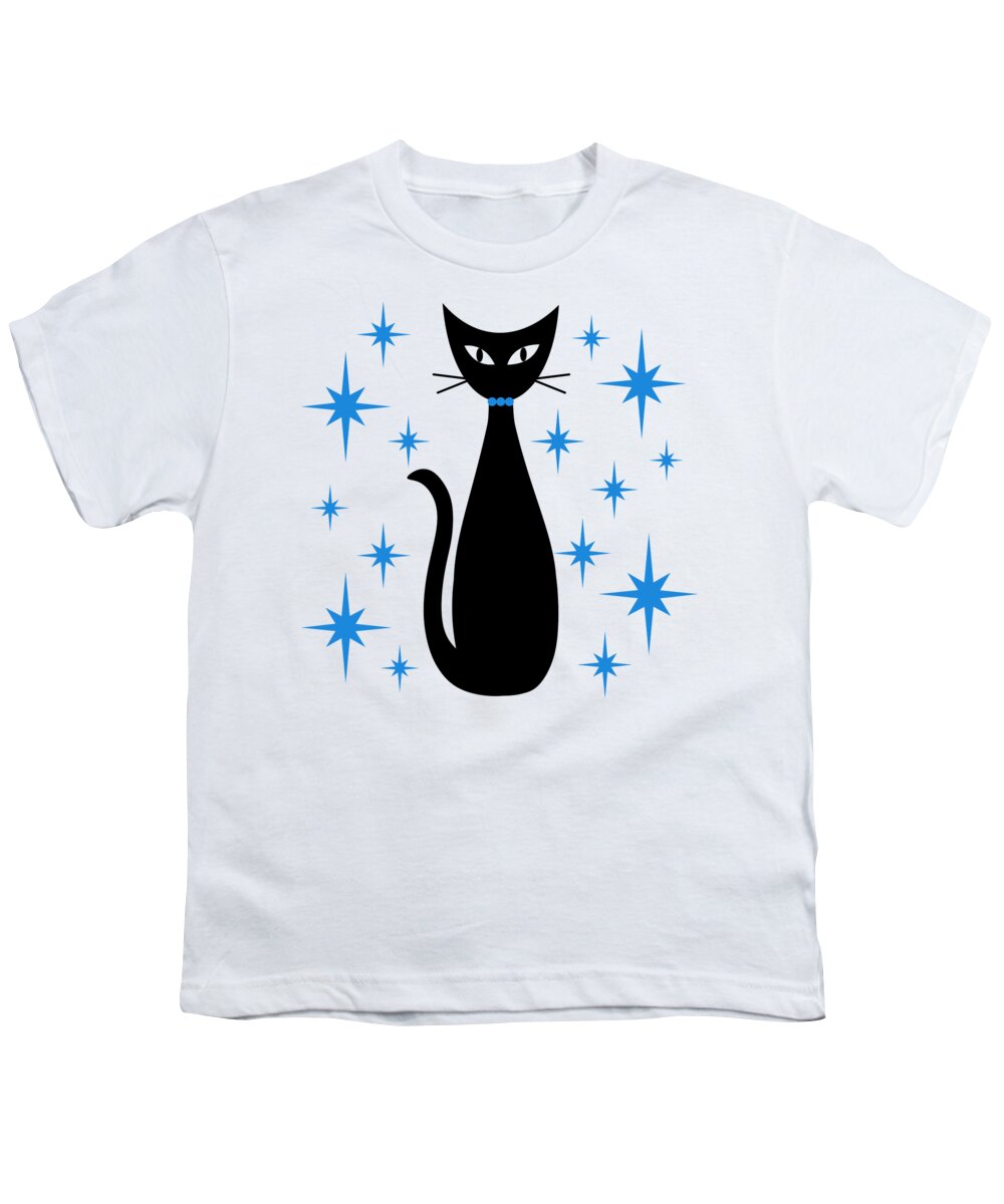 Mid Century Modern Youth T-Shirt featuring the digital art Mid Century Cat with Blue Starbursts by Donna Mibus