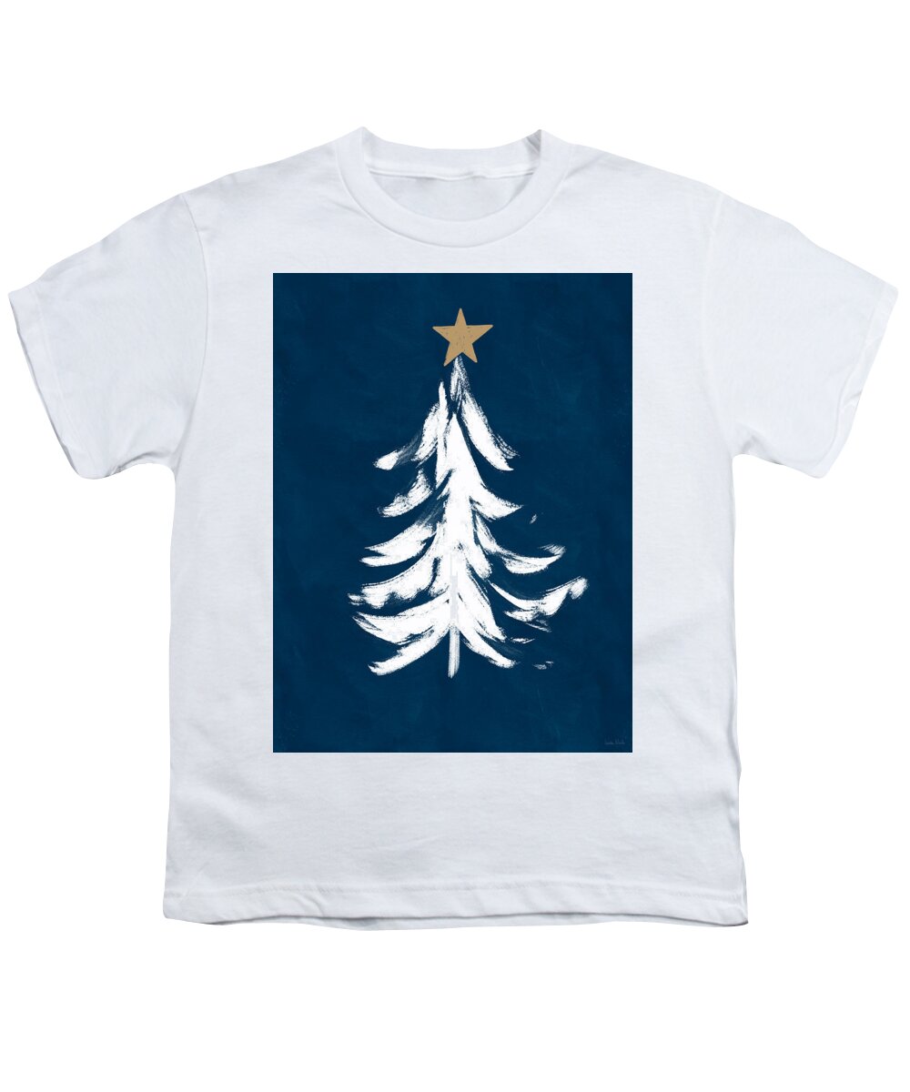 Christmas Youth T-Shirt featuring the mixed media Navy and White Christmas Tree 1- Art by Linda Woods by Linda Woods