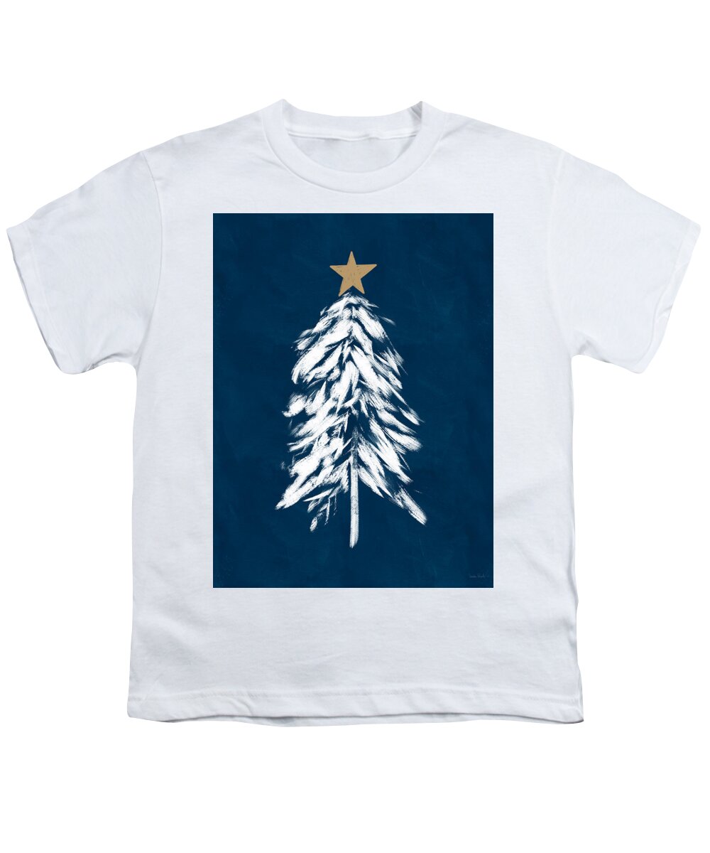 Christmas Youth T-Shirt featuring the mixed media Navy and White Christmas Tree 2- Art by Linda Woods by Linda Woods