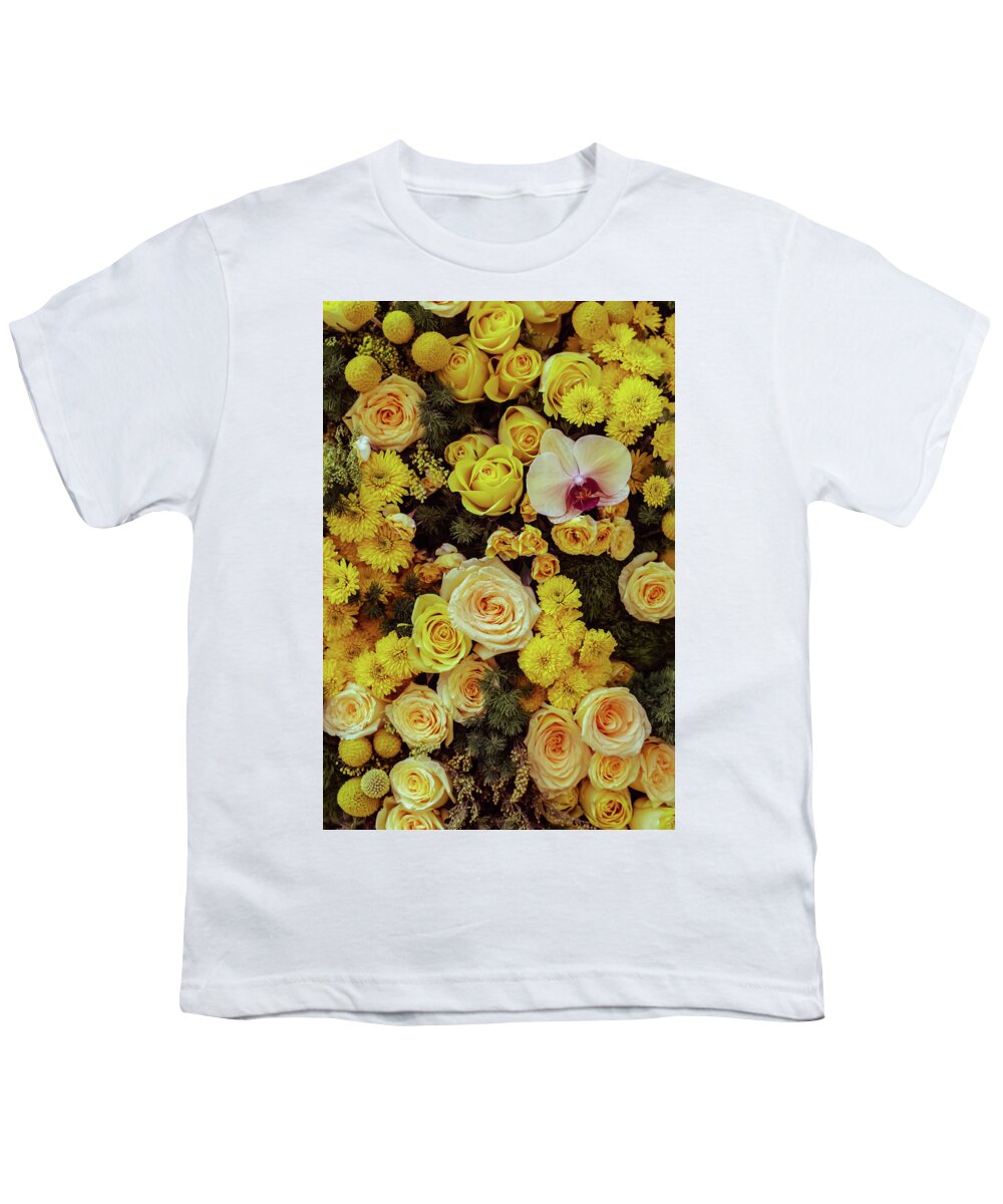Outdoors Youth T-Shirt featuring the photograph Orchid among Yellow Roses by Silvia Marcoschamer