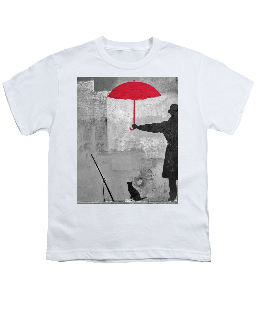 Paris Youth T-Shirt featuring the photograph Paris Graffiti Man With Red Umbrella by Gigi Ebert