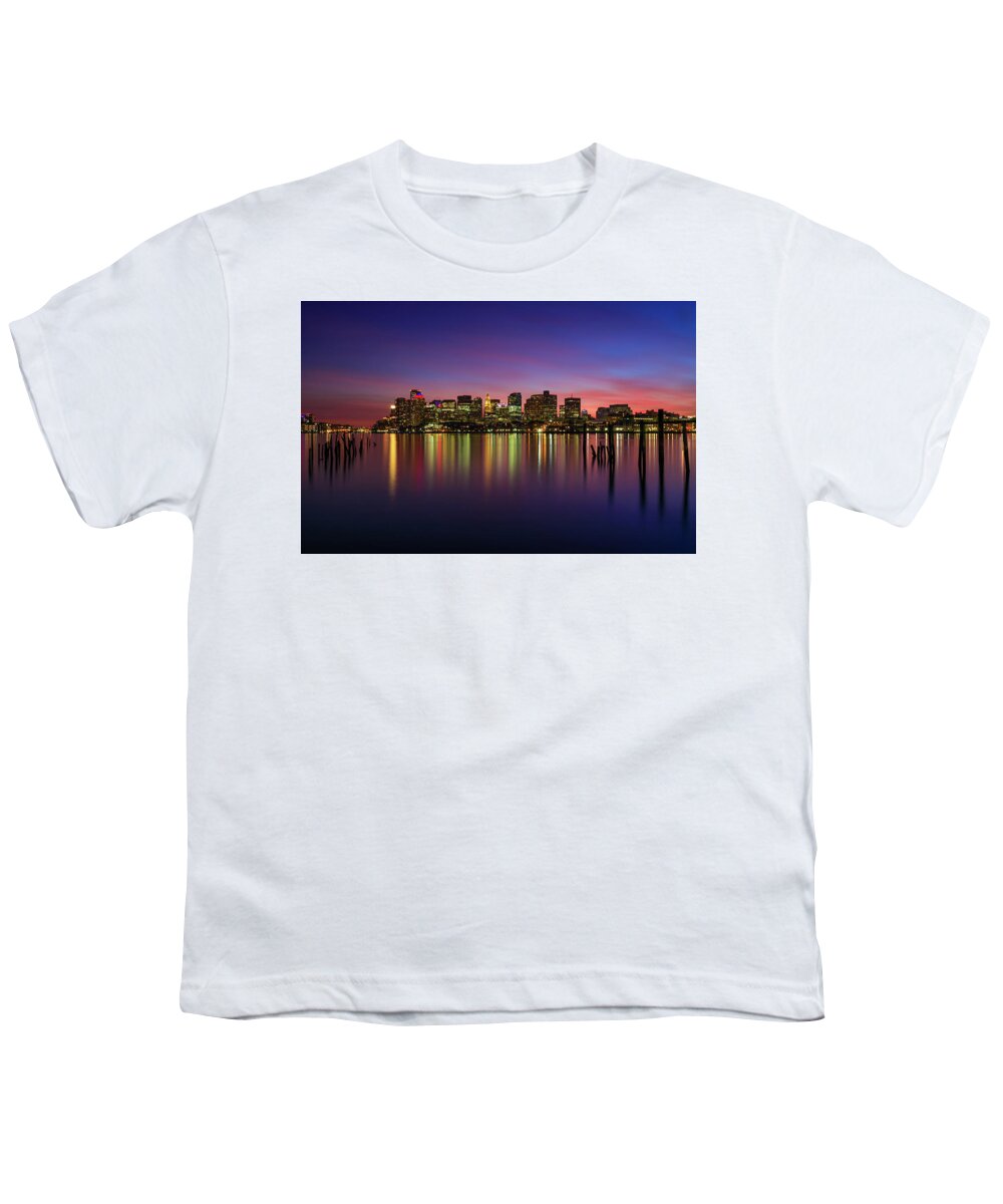 Boston; City; Cityscape; Color; Colorful; Sunset; Lo Presti Park; Posts; Old; Skyscrapers; Custom House; Long Exposure; Calm; Winter; Lights; Reflections; Harbor; Historic; Beantown; Massachusetts; New England; Rob Davies; Photography Youth T-Shirt featuring the photograph Reflections of Boston II by Rob Davies