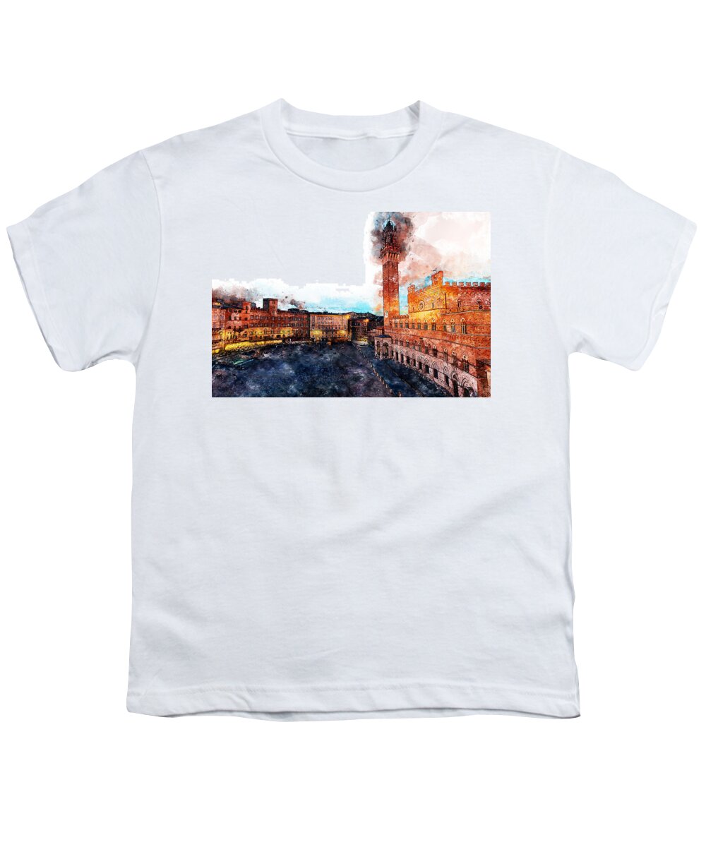 Siena Youth T-Shirt featuring the painting Siena, Piazza del Campo - 05 by AM FineArtPrints