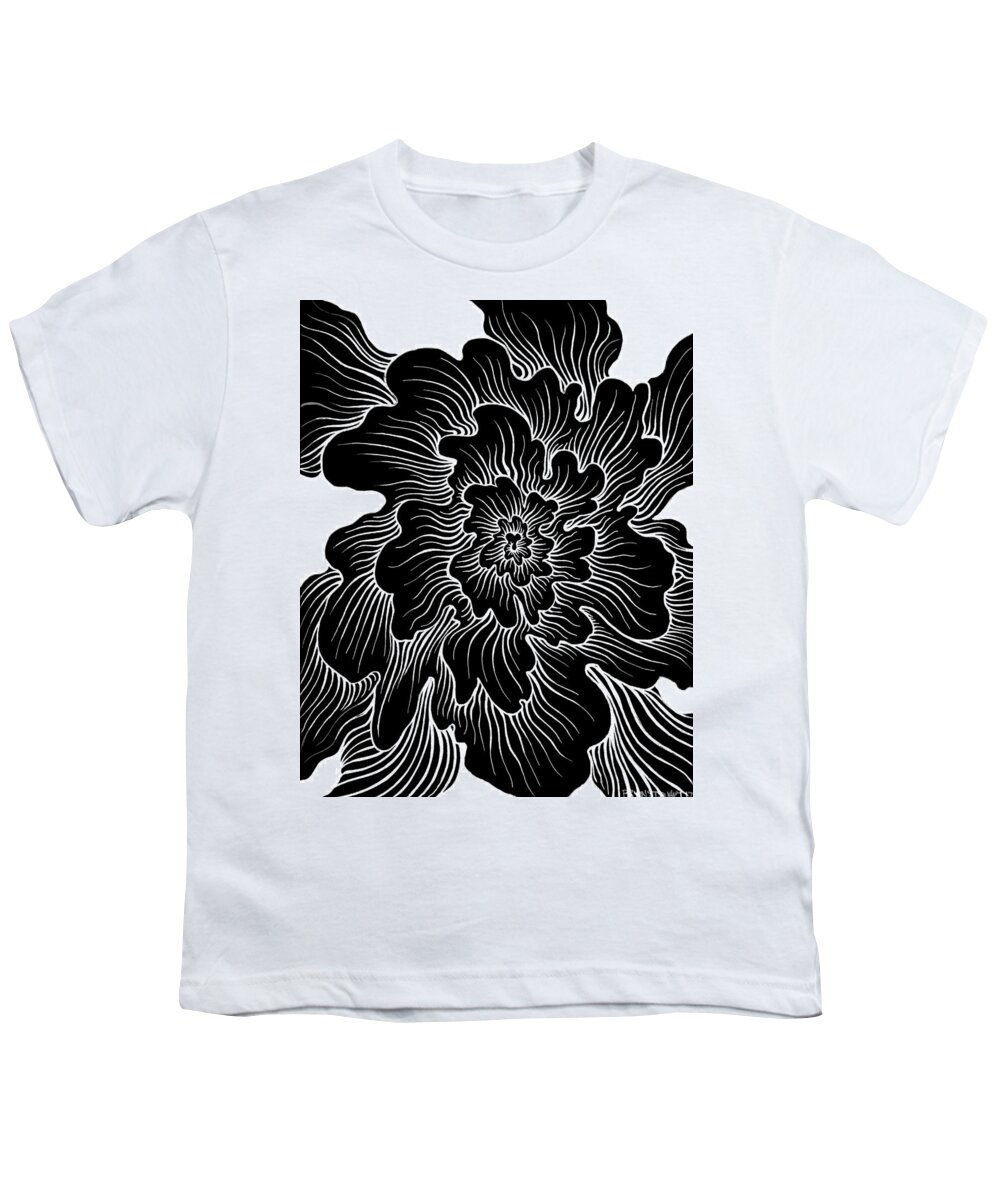 Black And White Movement Spiral Energy Positive Shock Zen  Youth T-Shirt featuring the painting Static thought flower by Bryon Stewart