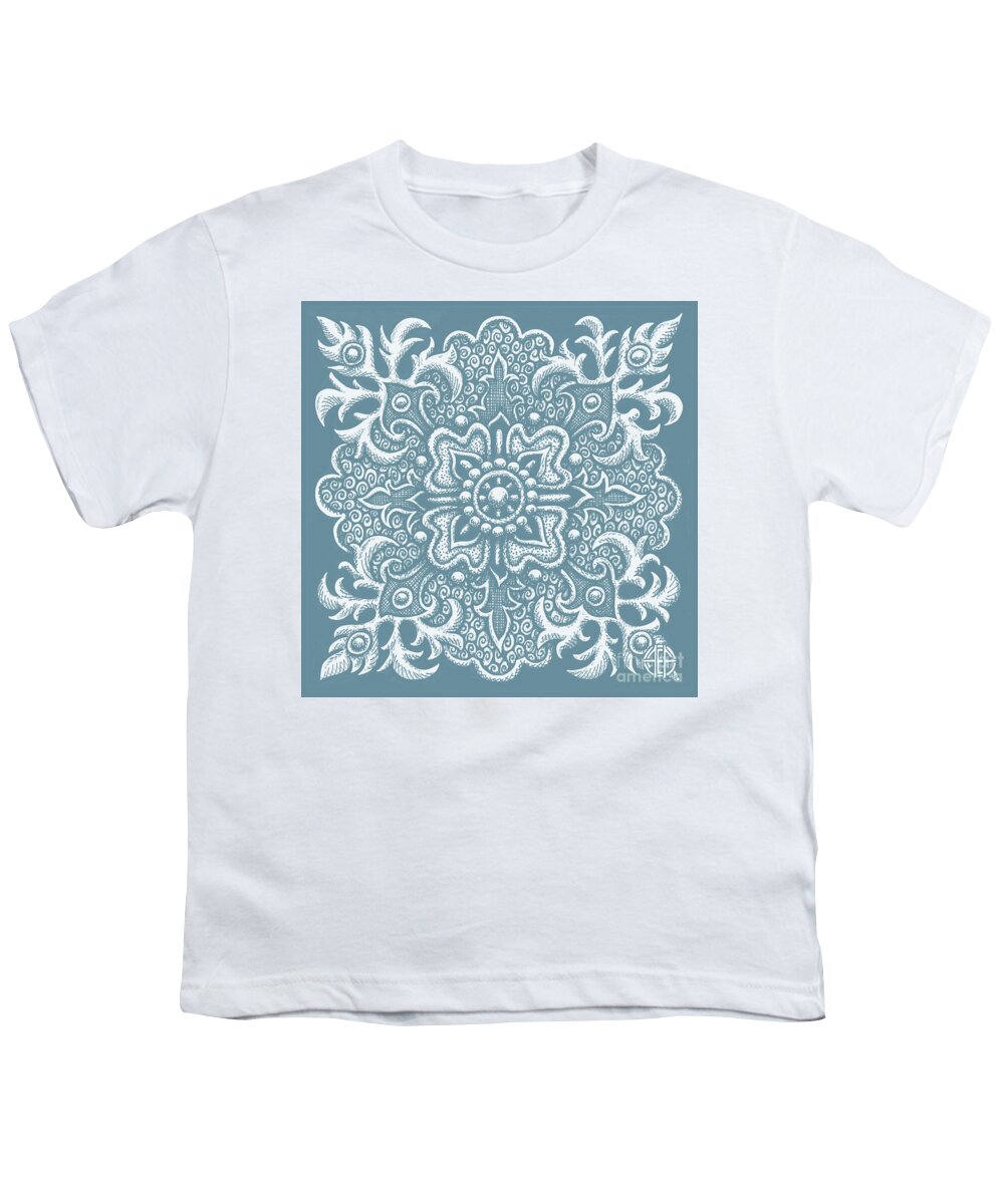 Boho Youth T-Shirt featuring the drawing Tapestry Square 2 Artifact Blue by Amy E Fraser