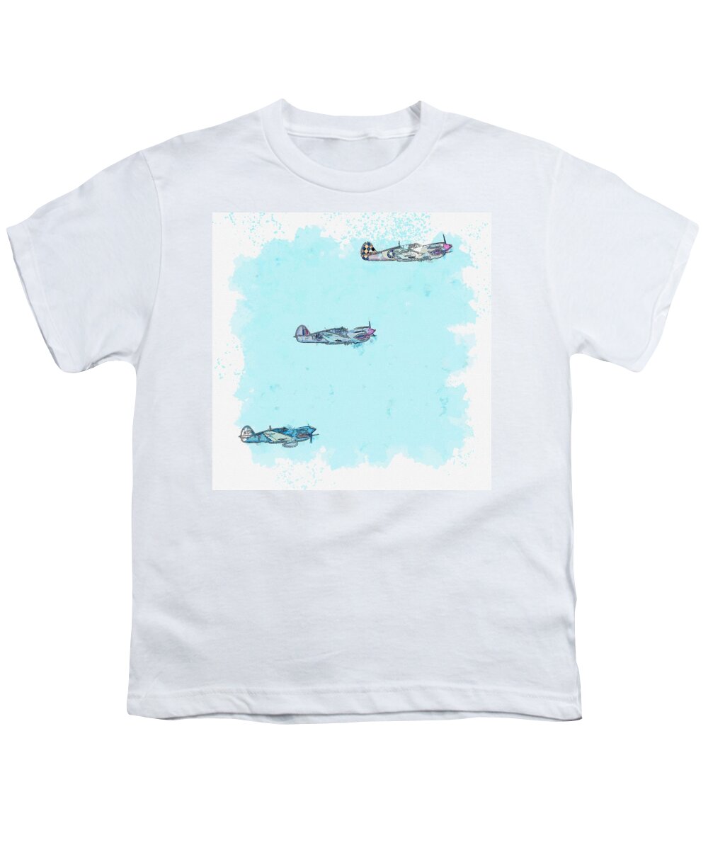 Plane Youth T-Shirt featuring the painting Three Hawks watercolor by Ahmet Asar by Celestial Images