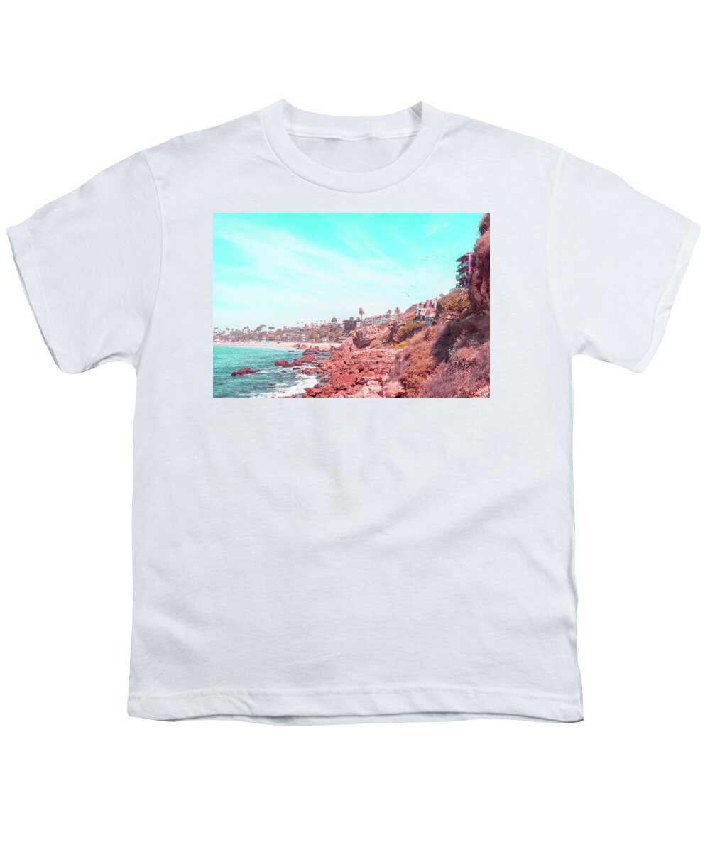 Georgia Mizuleva Youth T-Shirt featuring the photograph Transcending Reality - Corona Del Mar Beach and Cliffs in Coral Pink and Turquoise by Georgia Mizuleva