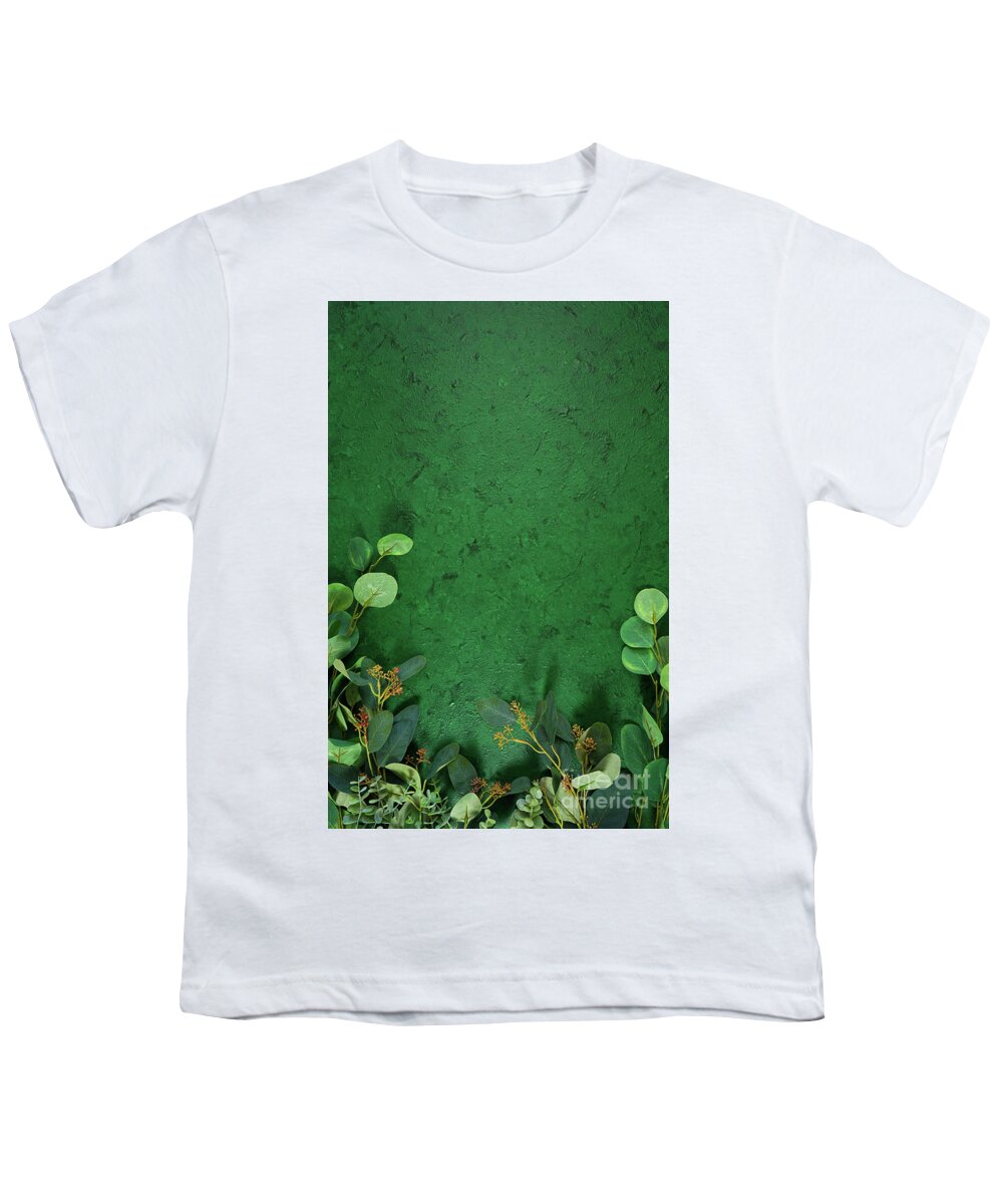 Dark Green Youth T-Shirt featuring the photograph Dark green aesthetic nature theme creative layout flat lay background. #1 by Milleflore Images