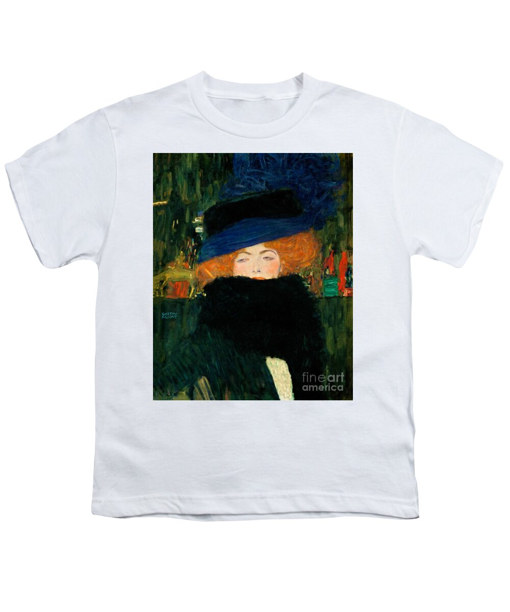 Landscape Youth T-Shirt featuring the painting Lady with Hat and Feather Boa #1 by Gustav Klimt