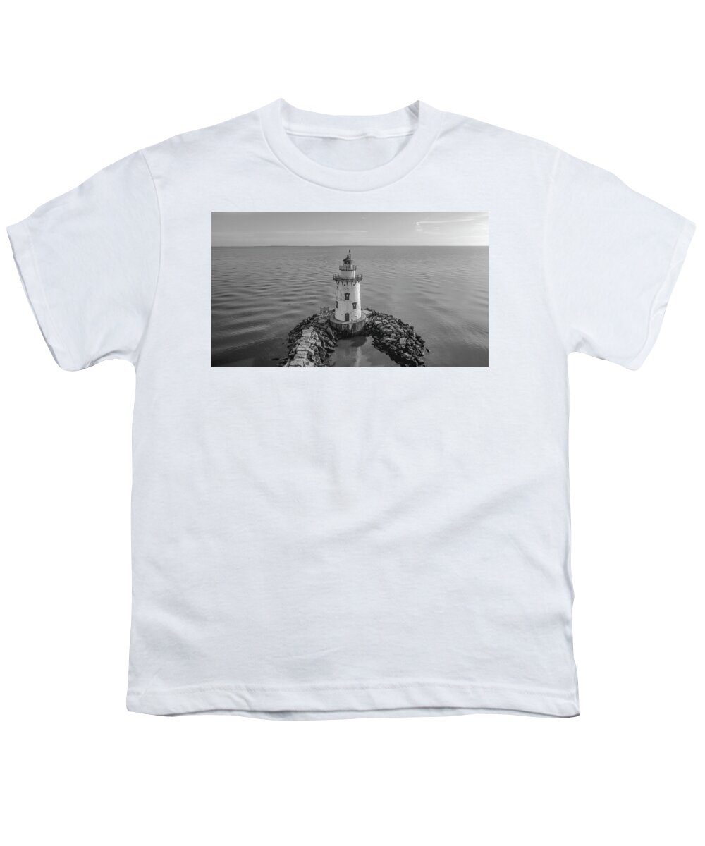 Black And White Youth T-Shirt featuring the photograph Old Saybrook Outer Lighthouse by Veterans Aerial Media LLC