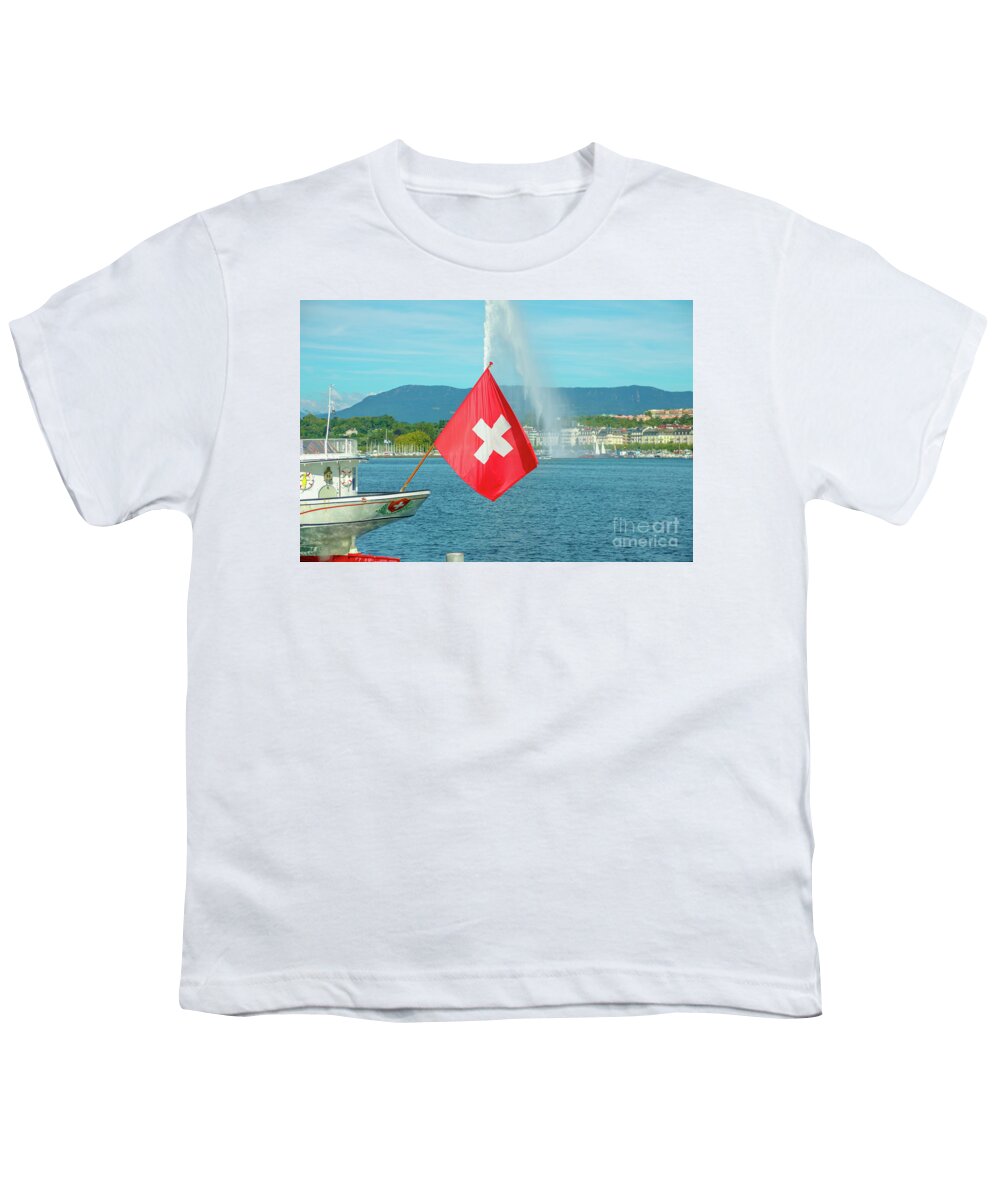 Geneva Youth T-Shirt featuring the photograph Water jet fountain and Swiss flag #1 by Benny Marty