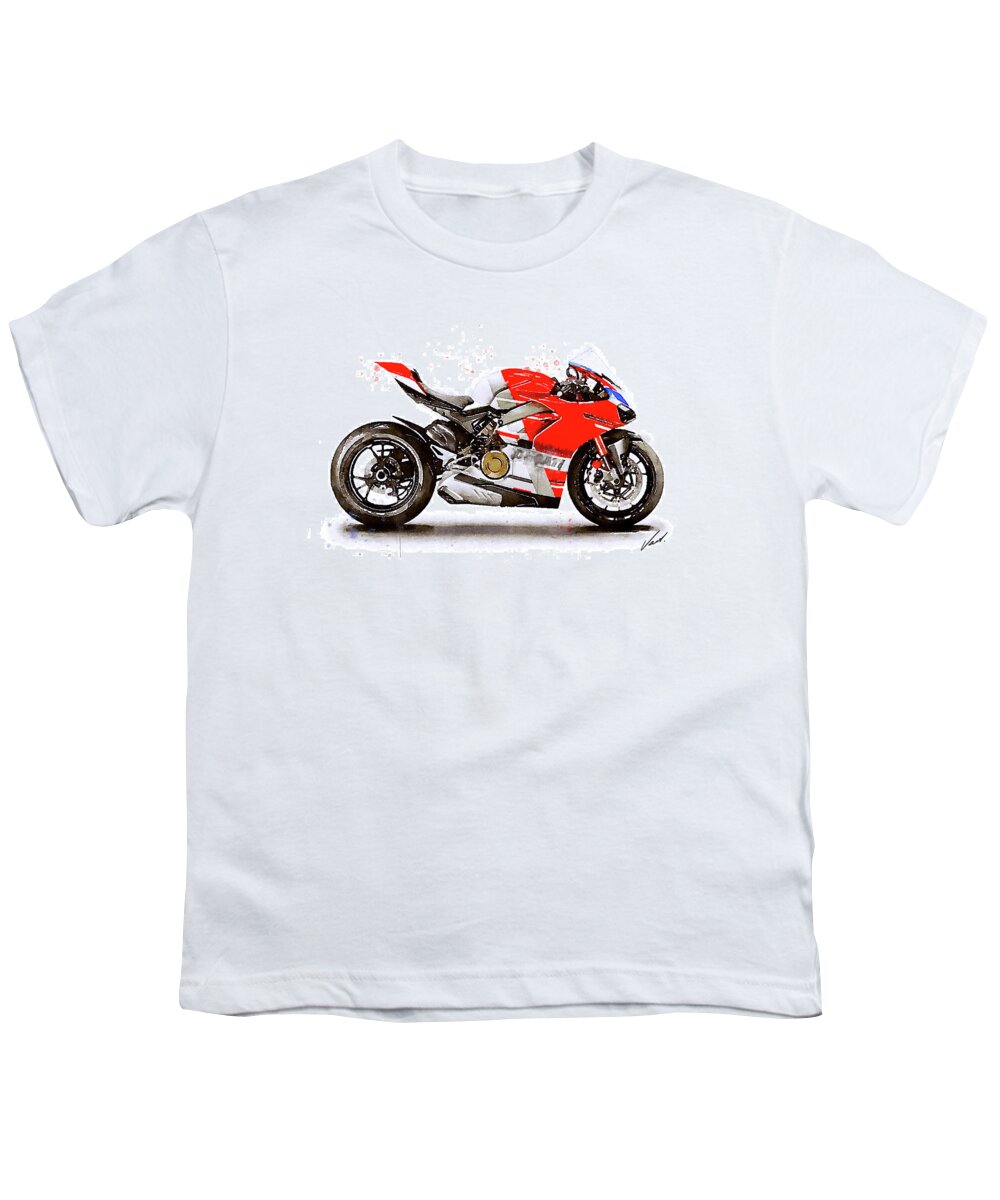 Sport Youth T-Shirt featuring the painting Watercolor Ducati Panigale V4S motorcycle, oryginal artwork by Vart #1 by Vart Studio
