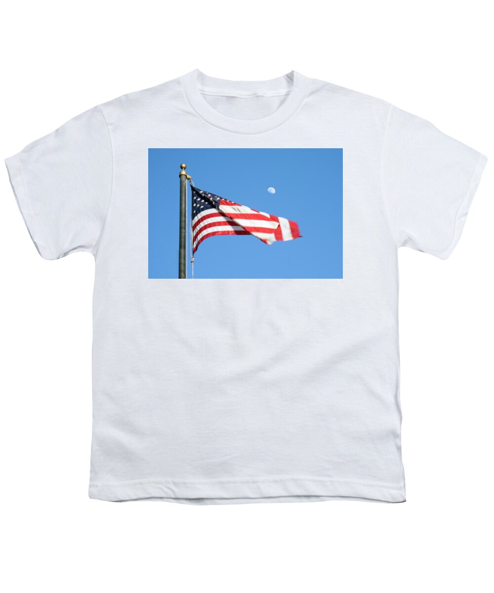 American Flag Youth T-Shirt featuring the photograph American Flag with Moon by Marilyn Hunt