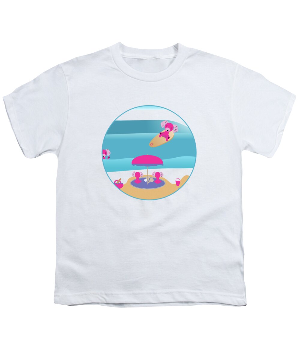 Surfboard Youth T-Shirt featuring the digital art A Dog Family Surf Day Out by Barefoot Bodeez Art