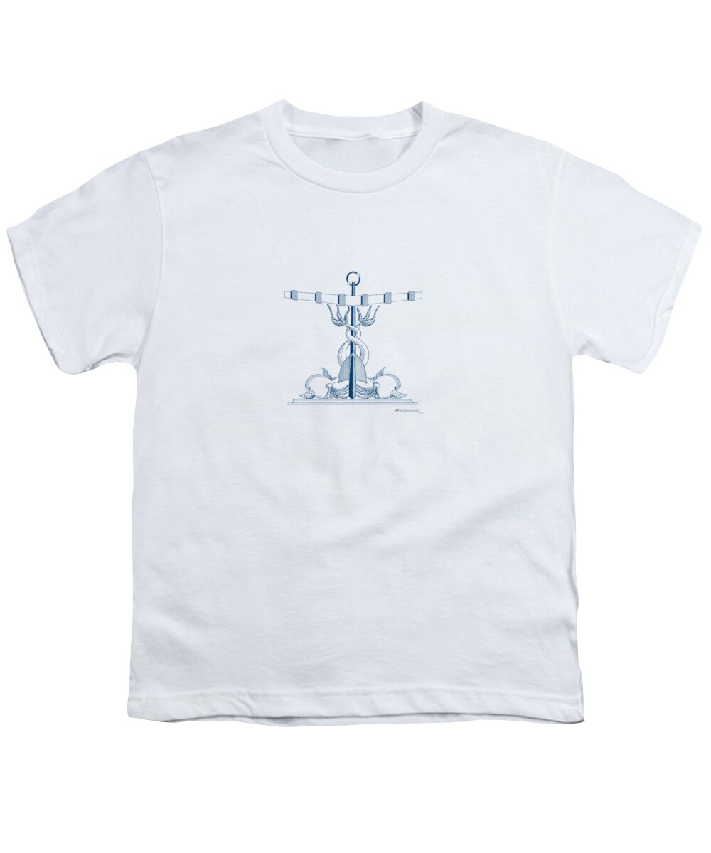 Sailing Vessels Youth T-Shirt featuring the drawing Anchor with dolphins by Panagiotis Mastrantonis